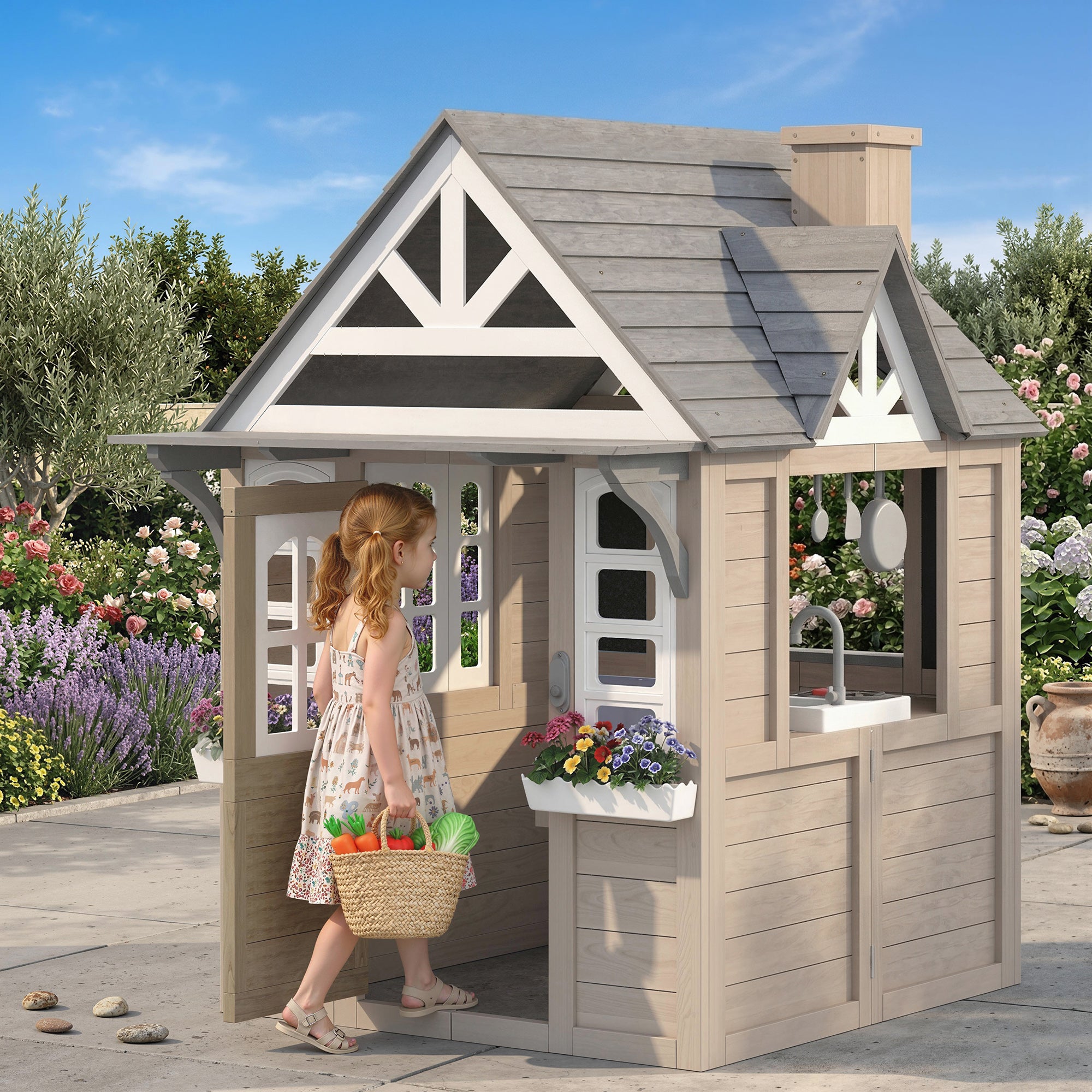 Outdoor Playhouse, Wooden Kids Playhouse with Dog Door, Cookware, Planter Box, Bell, Blackboard, Clock for Backyard