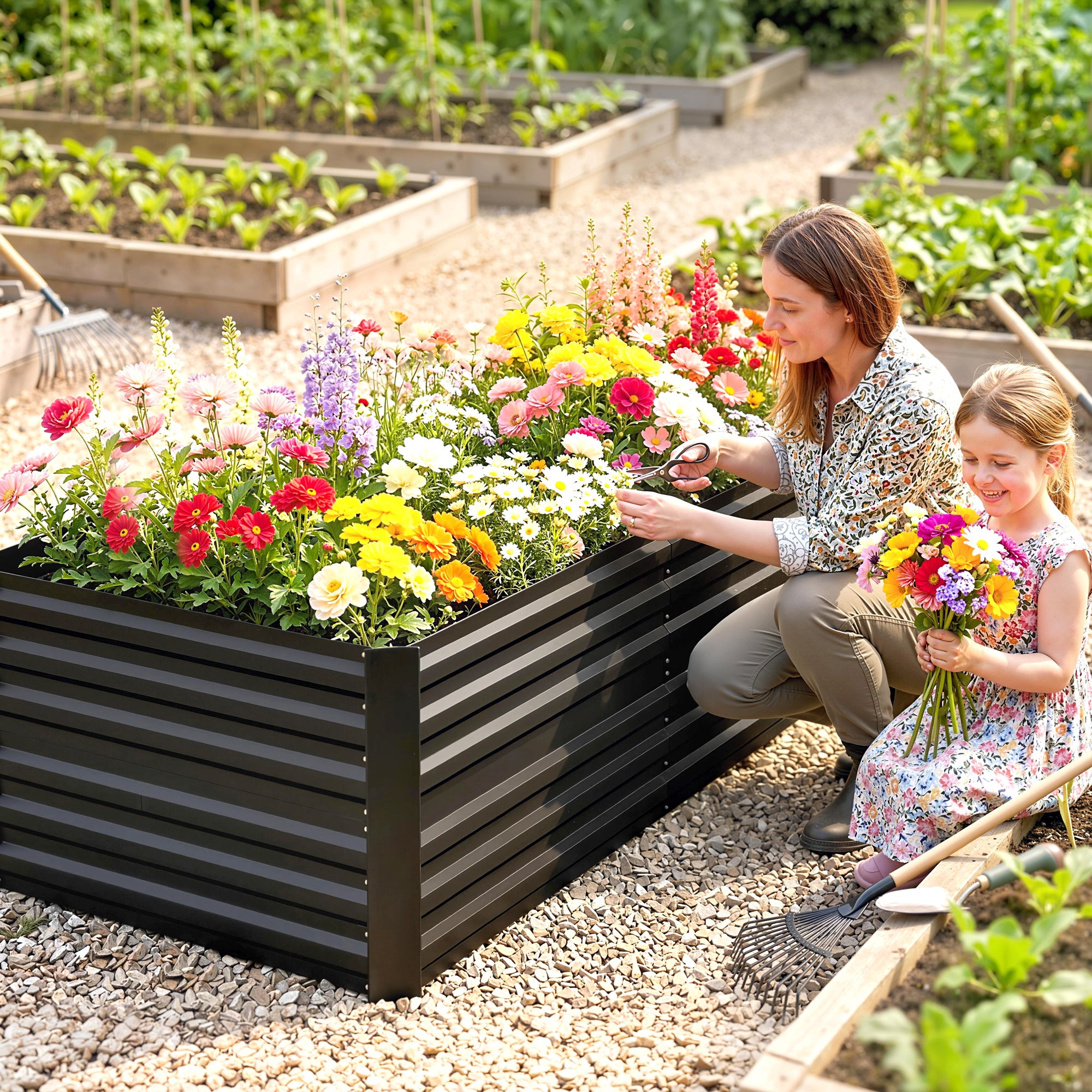 Galvanized Raised Garden Bed, Steel Outdoor Planters with Reinforced Rods, 71" x 36" x 23", Black