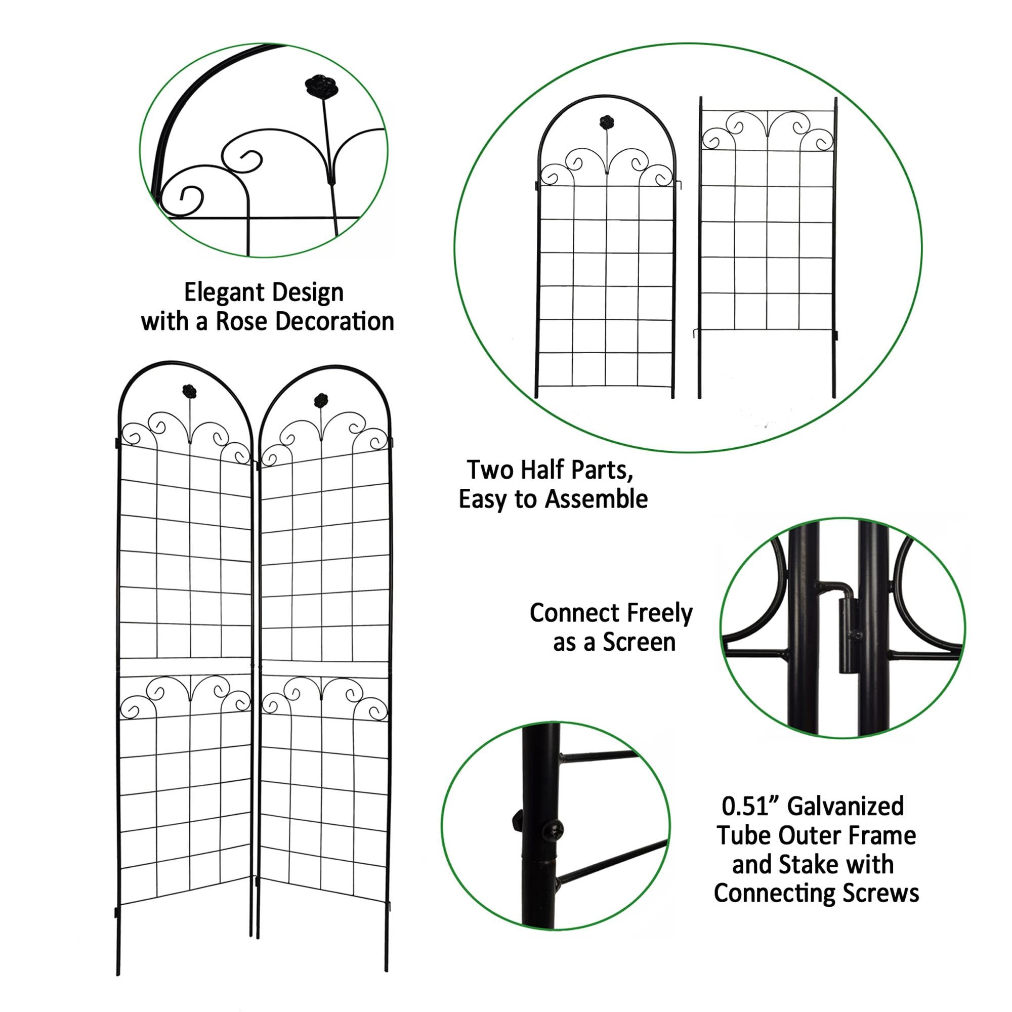 4 Pack Metal Garden Trellis for Climbing Plants with Galvanized Tubes, Easy Assembled Rustproof Plant Support, 80" L x 87" H, Black