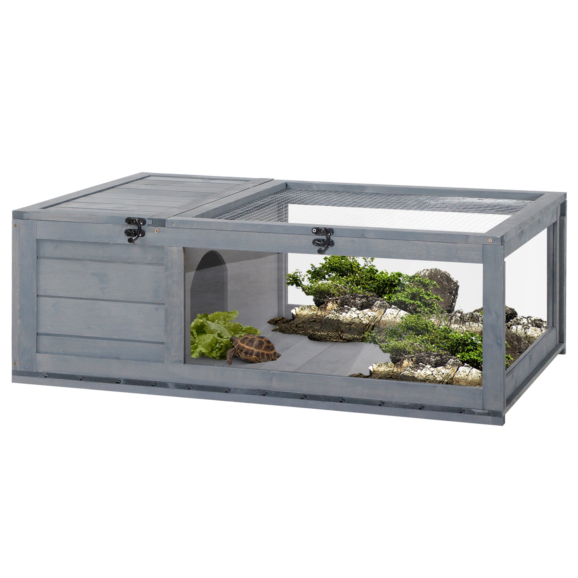 Wooden Reptile Cage with 3 Windows Slide-out Tray for Turtles, Lizards, Snakes