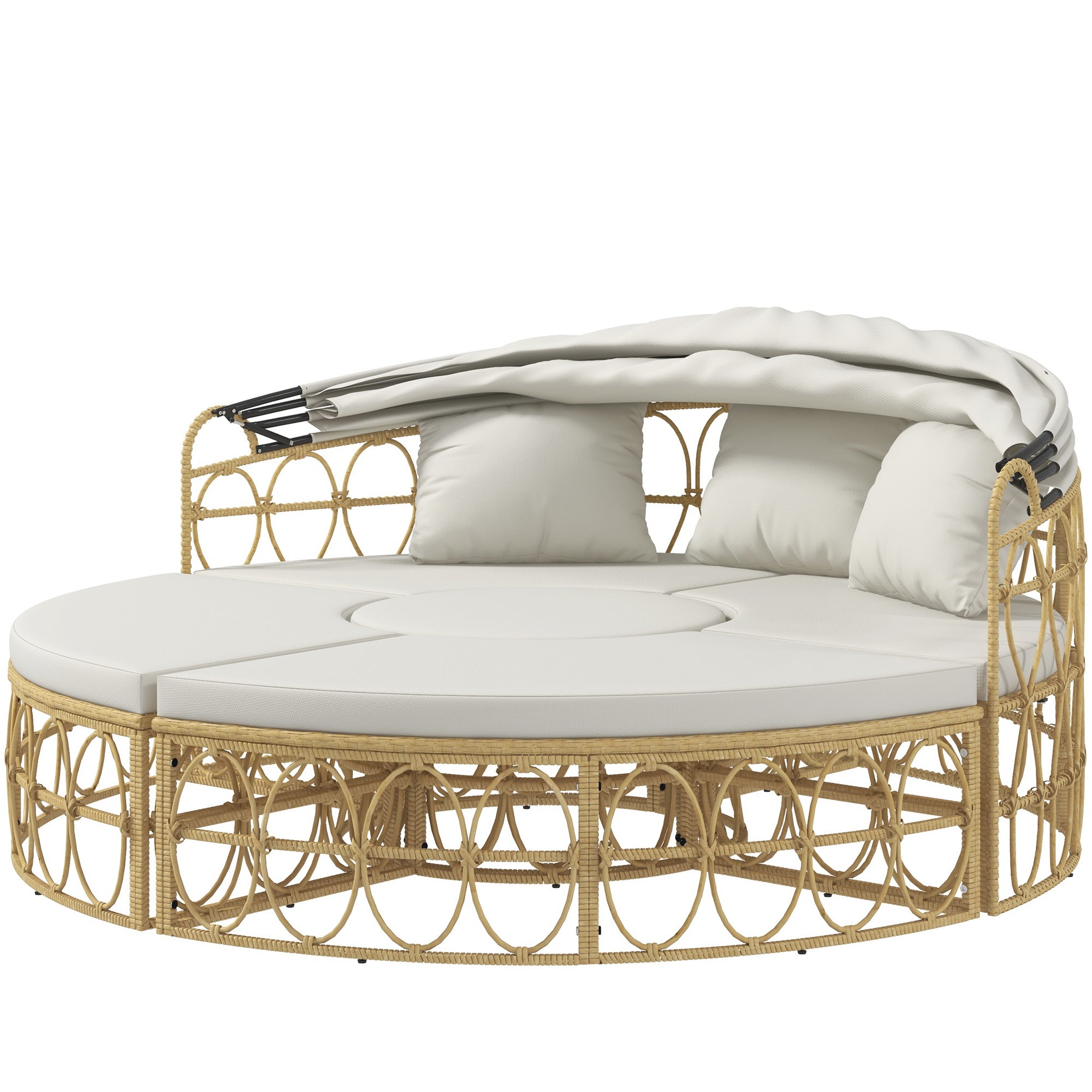 Patio Furniture Set, Round Outdoor Daybed with Retractable Canopy, Hollow Wicker PE Rattan Sectional Sofa with Washable Couch Cushions for Pool, Lawn, Cream White, 70" x 33.5" x 26.25"