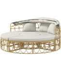 Patio Furniture Set, Round Outdoor Daybed with Retractable Canopy, Hollow Wicker PE Rattan Sectional Sofa with Washable Couch Cushions for Pool, Lawn, Cream White, 70" x 33.5" x 26.25"