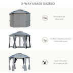 12' x 12' Round Outdoor Gazebo, Patio Dome Gazebo Canopy Shelter with Double Roof, Netting Sidewalls and Curtains, Zippered Doors, Strong Steel Frame, Grey