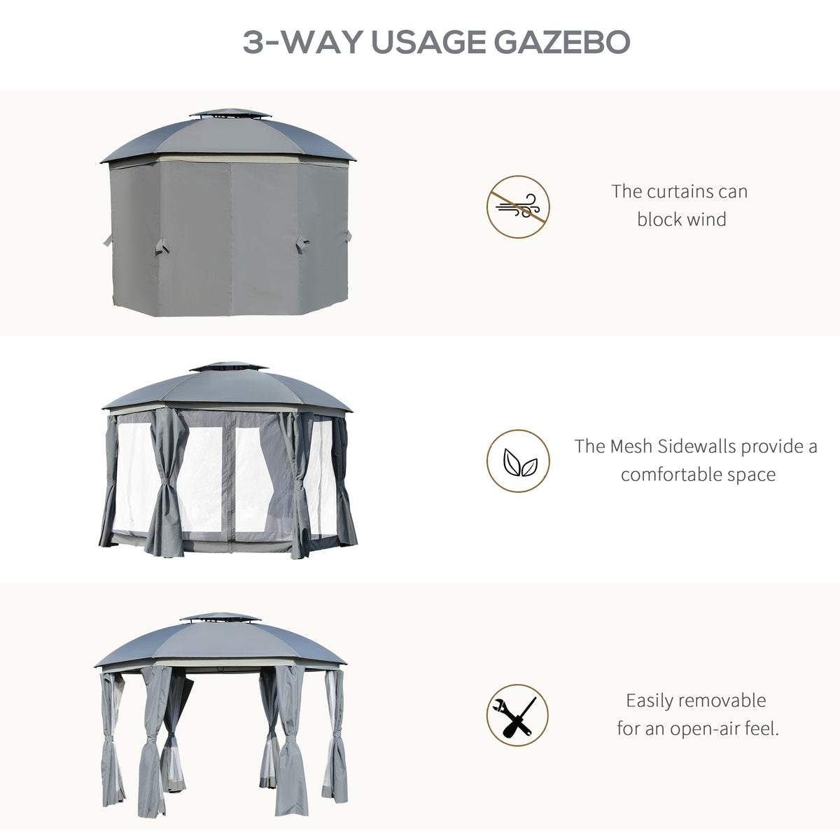12' x 12' Round Outdoor Gazebo, Patio Dome Gazebo Canopy Shelter with Double Roof, Netting Sidewalls and Curtains, Zippered Doors, Strong Steel Frame, Grey