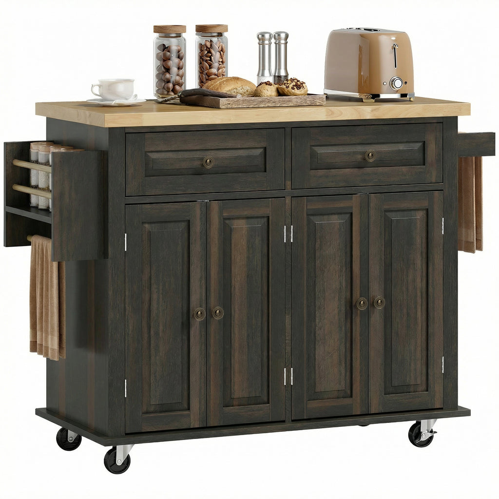 44" Mobile Kitchen Island Table, Kitchen Island Cart on Wheels with Storage Cabinets, 2 Drawers, Brown