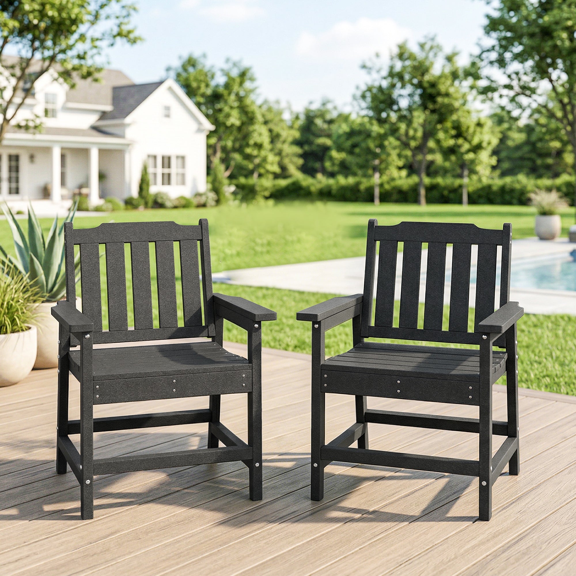 2 Piece All-Weather Patio Chairs, HDPE Patio Dining Chair Set, Heavy Duty Wood-Like Outdoor Furniture, Gray