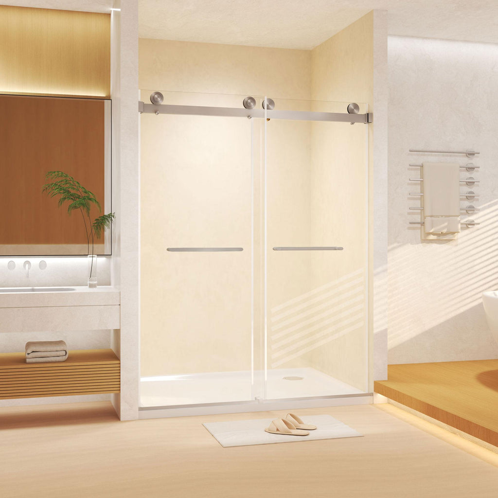 Frameless Double Sliding Shower Door with Silent Rollers, Bathroom Door with Square Tube Track, 60" L x 0.5" W x 74" H, Brushed Nickel
