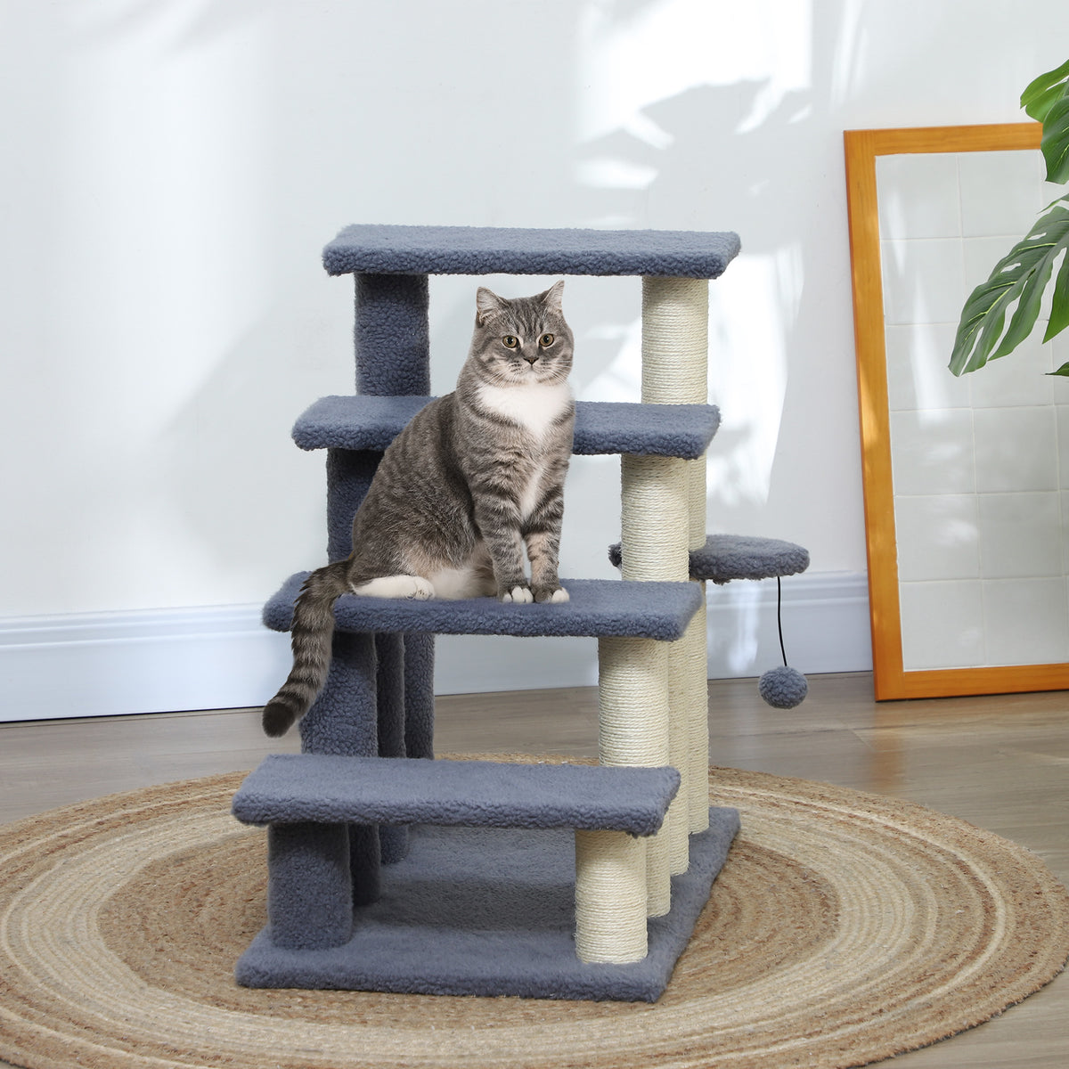 4 Levels Cat Steps with Scratching Posts for High Bed, Sofa, Gray