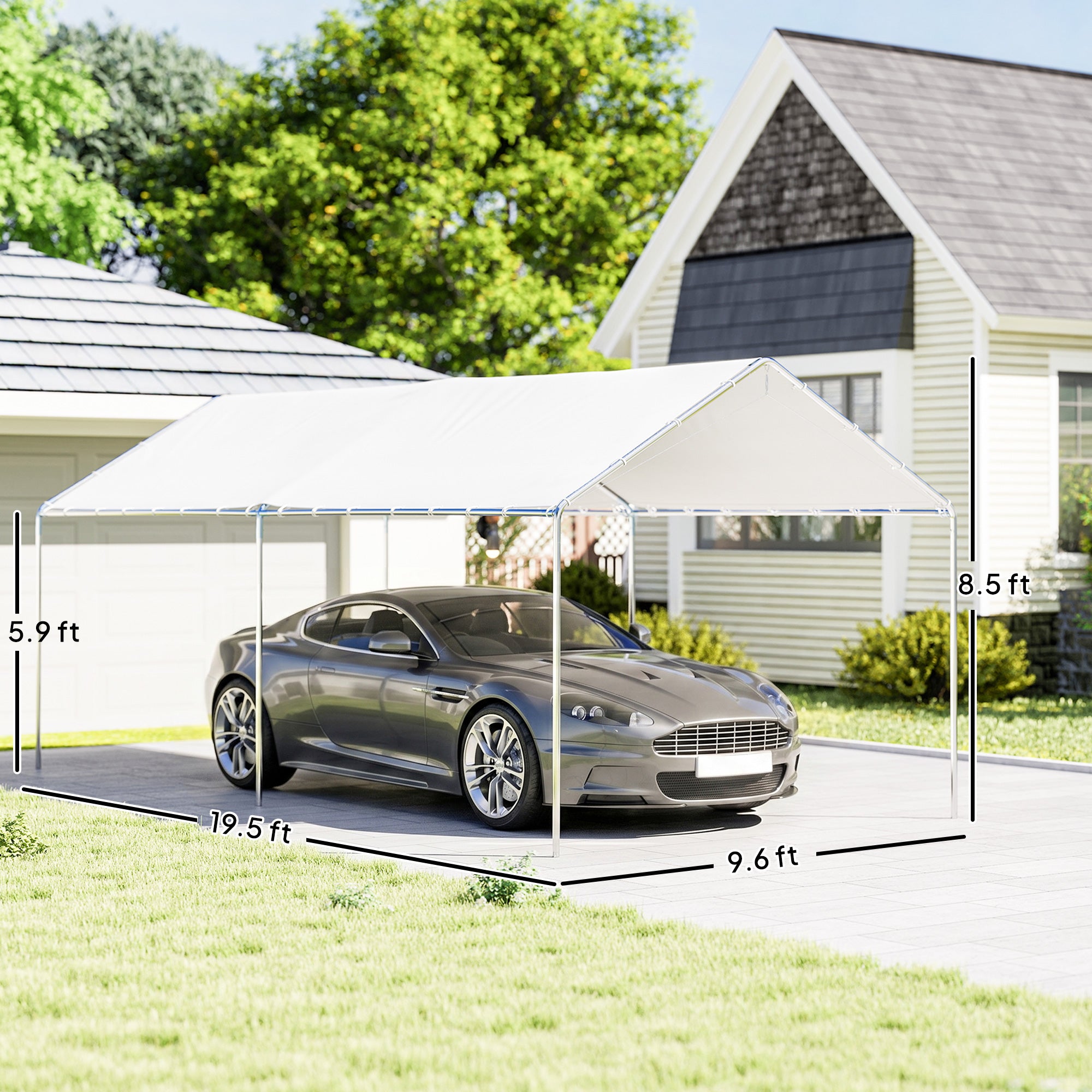 9.6' x 19.5' Carport Heavy Duty Galvanized Car Canopy w/ Included Anchor Kit, 3 Reinforced Steel Cables, White