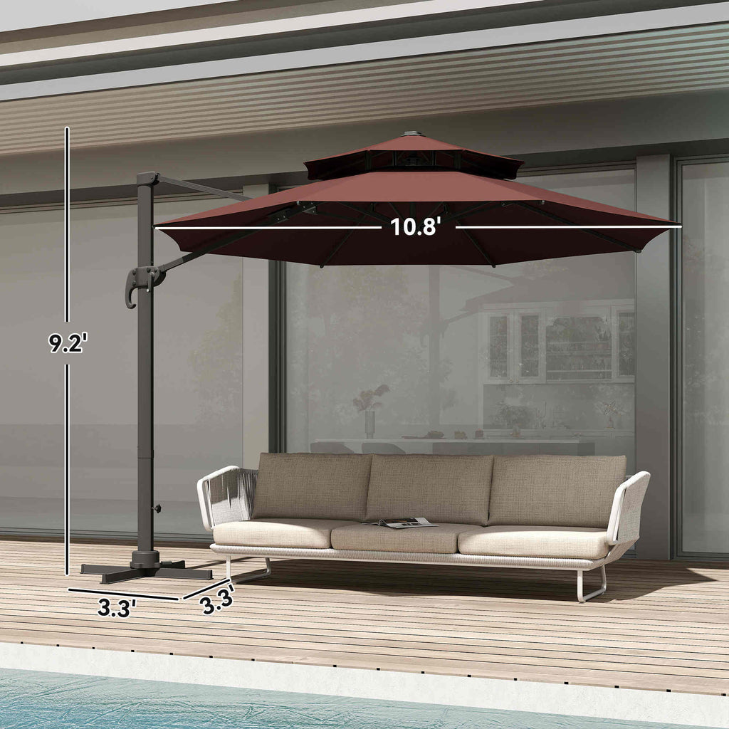 11ft Cantilever Patio Umbrella with Base, Double Top Hanging Aluminum Offset Umbrella with 360° Rotation, Easy Tilt, 8 Ribs, Crank, Cross Base for Backyard, Brown