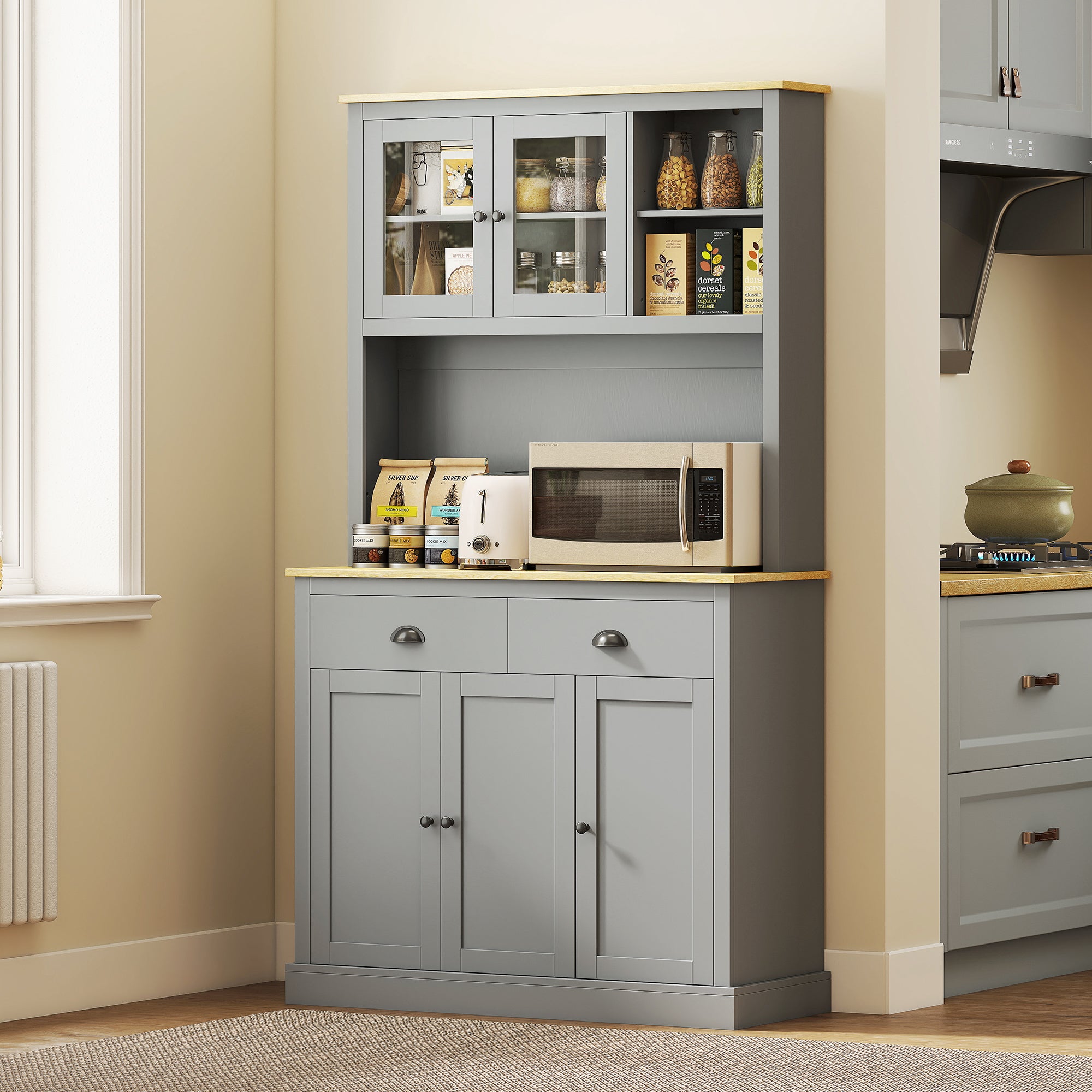 Freestanding Kitchen Cabinet, 71" Tall Pantry Cabinet, Modern Hutch with Wide Countertop, Adjustable Shelves, Gray