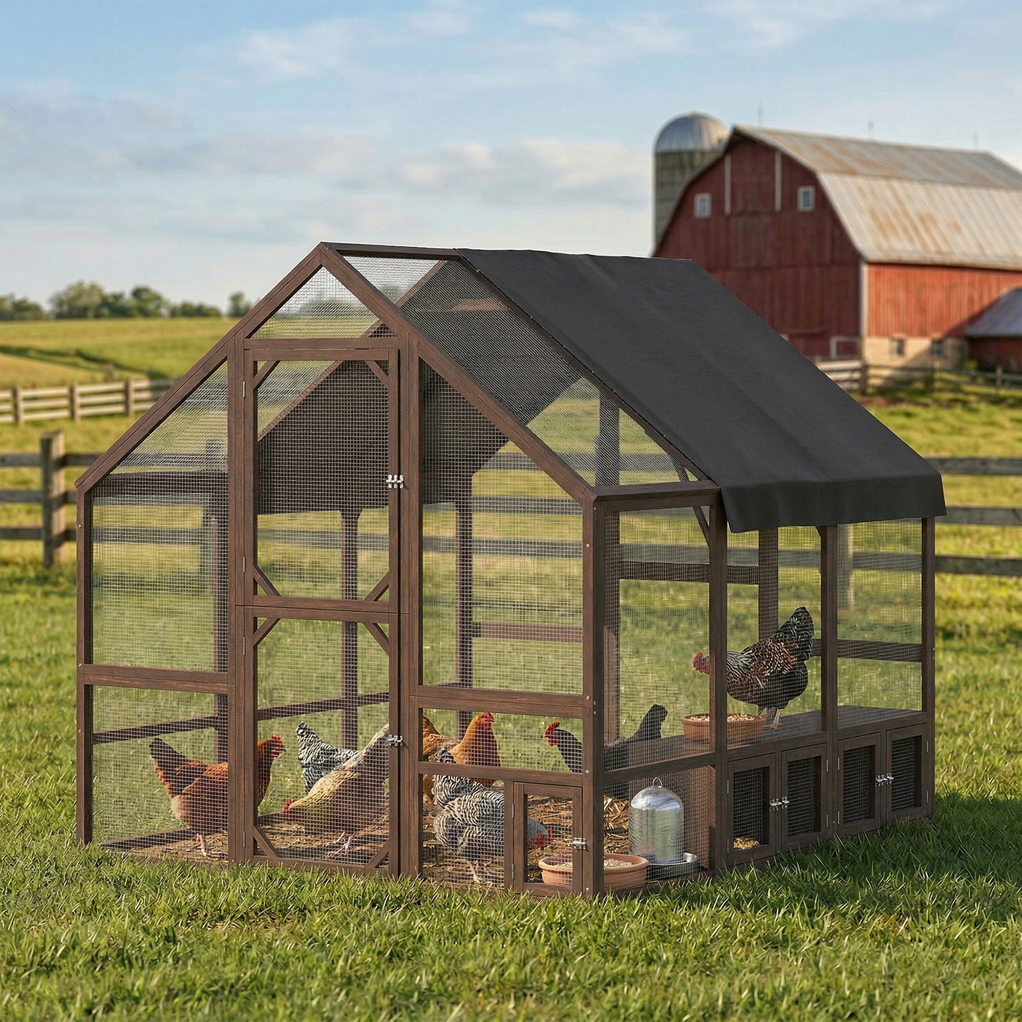 Large Wooden Chicken Coop for 8-10 Hens, Walk-in Chicken Run with Waterproof Cover, Nesting Boxes and Perches