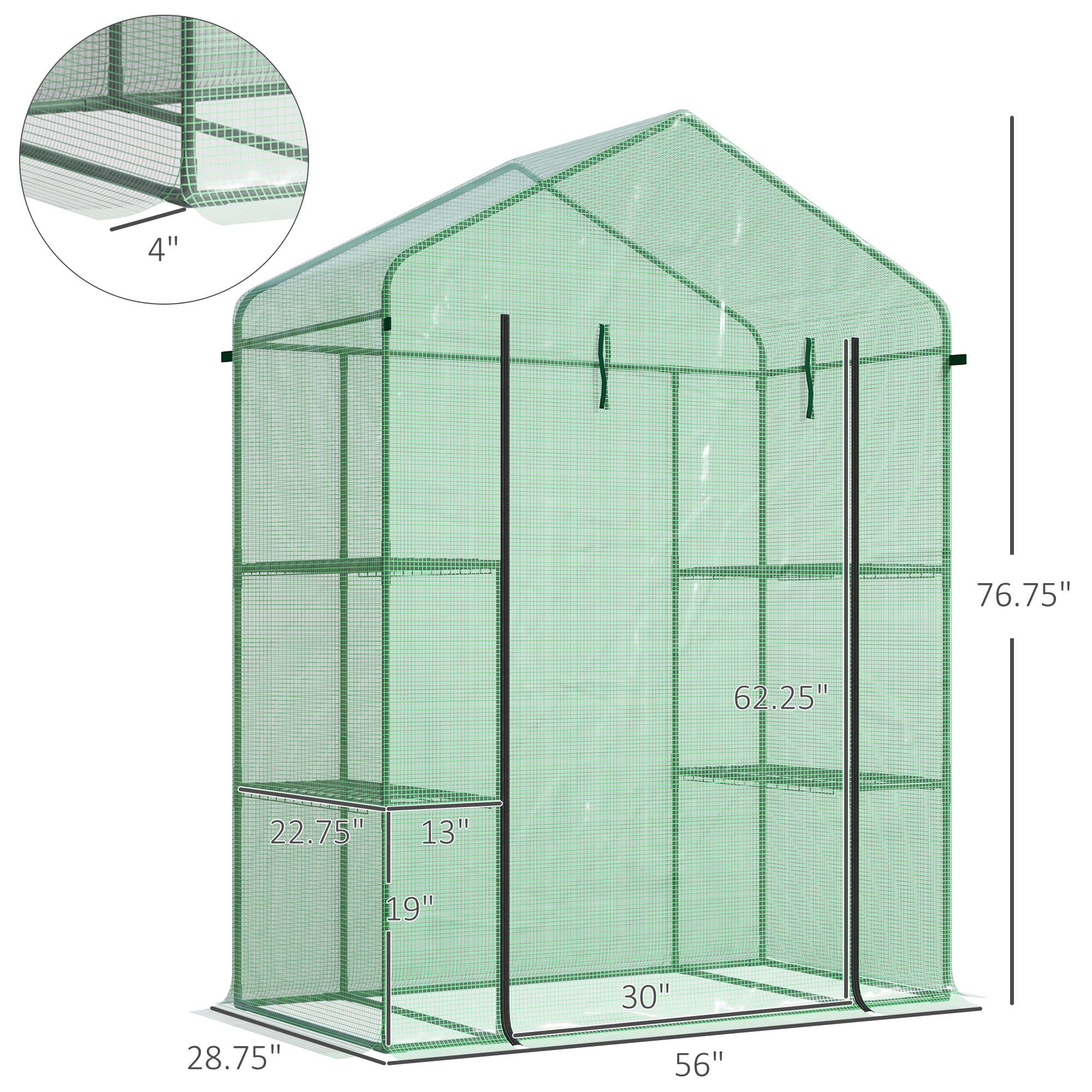 56" x 29" x 77" Walk-in Greenhouse, Garden Hot House with 3 Tier Shleves, Roll-Up Door and PE Cover, Green