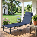 Folding Chaise Lounge Pool Chair with 4-Position Reclining Back, Pillow, Breathable Mesh & Bungee Seat, Dark Blue