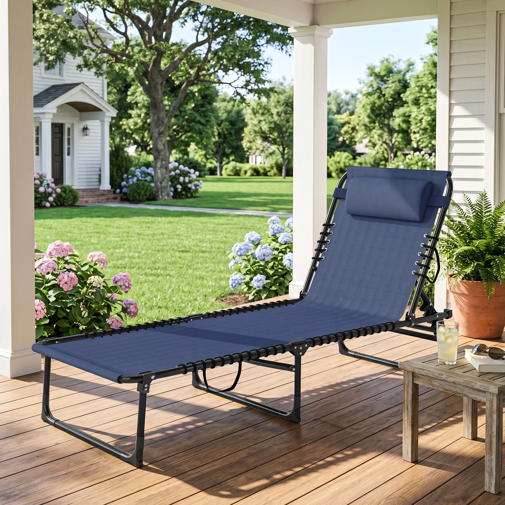 Folding Chaise Lounge Pool Chair with 4-Position Reclining Back, Pillow, Breathable Mesh & Bungee Seat, Dark Blue