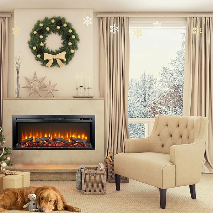 44" CSA/UL Certified Remote Wall/Recessed Electric Fireplace with Imitation Flame, and LED Light Heater, 1400W Heat, 5000 BTU, Antique Black
