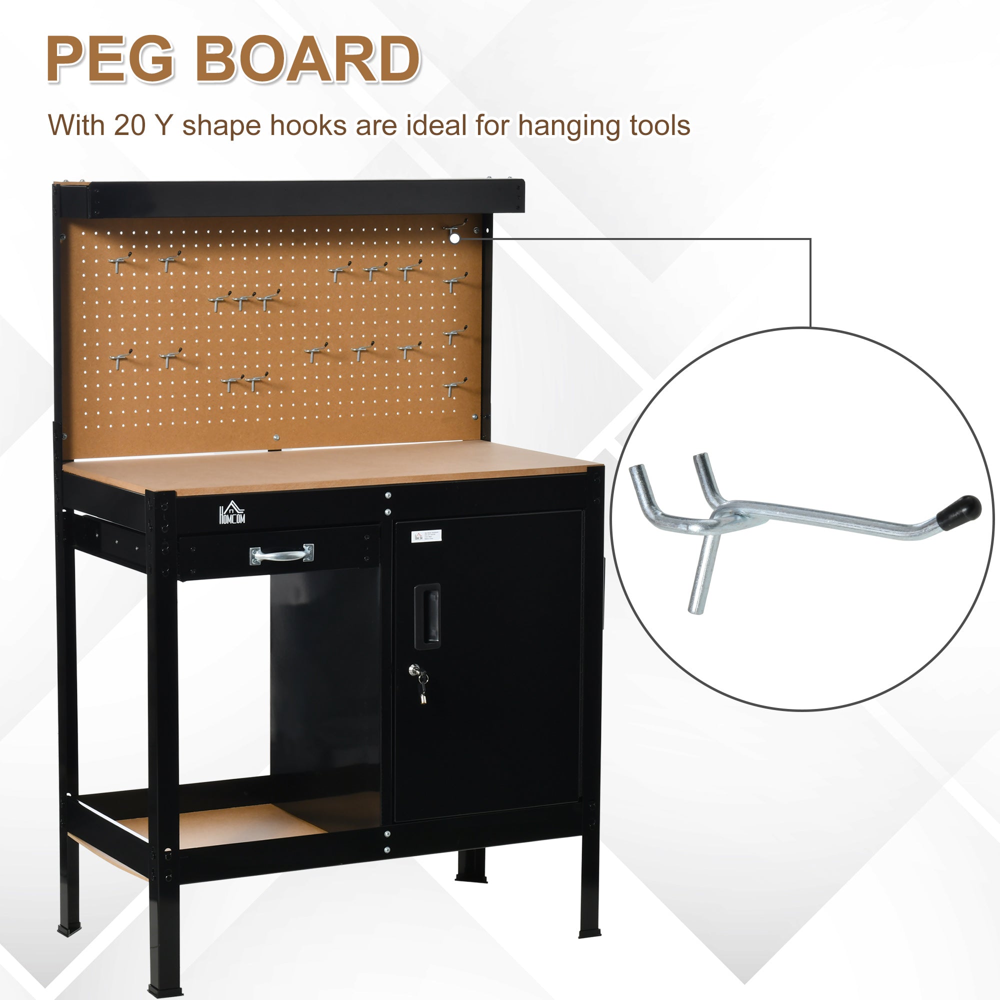 Multipurpose Workbench, Workshop Tool Table with Slide Drawer, Peg Board, Storage Cabinet with Keys