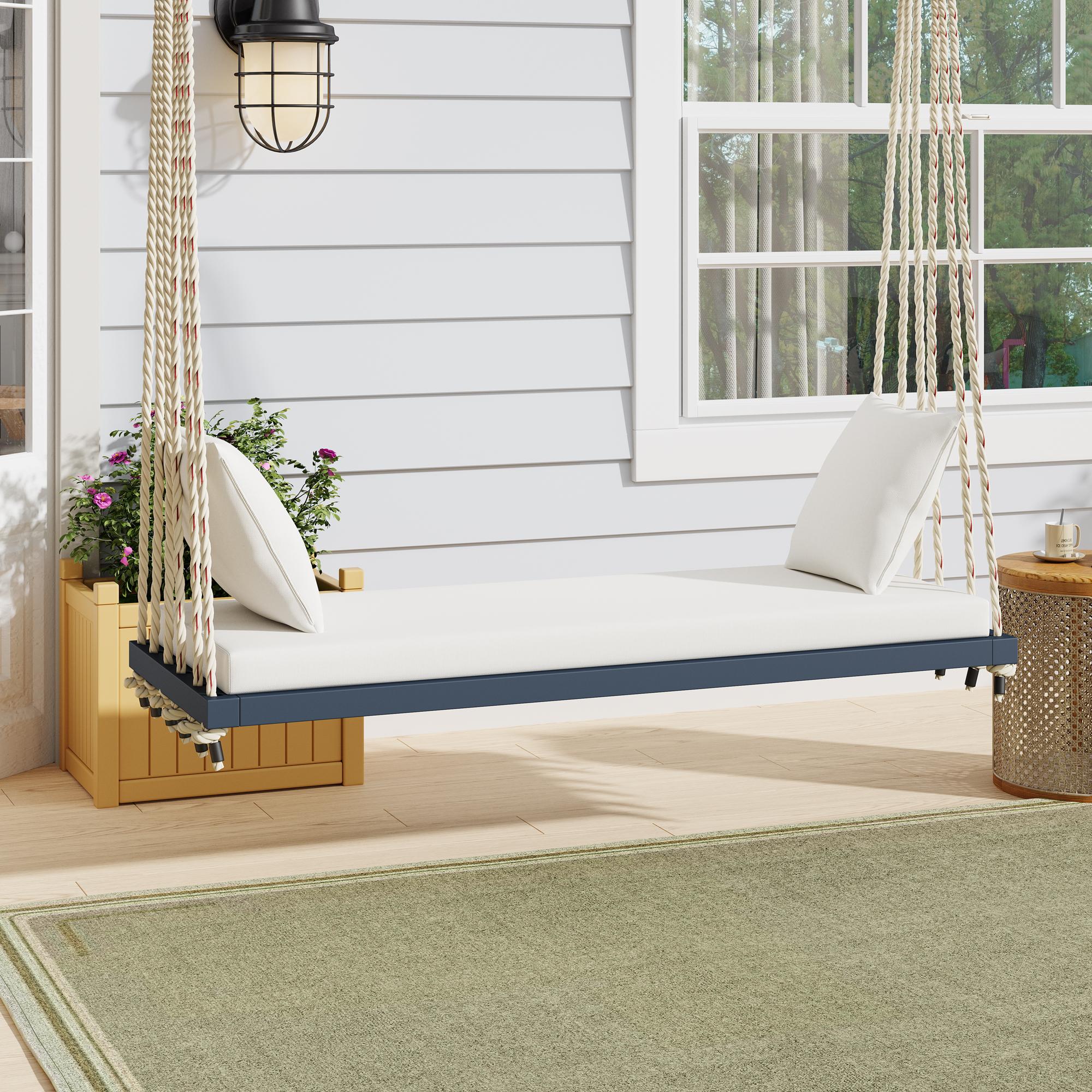 Acacia Wood Porch Swing with Cushion & 2 Pillow for Garden, Hanging Patio Bench with Durable Hemp Rope, 63" L x 23.5" W x 2" H, Gray