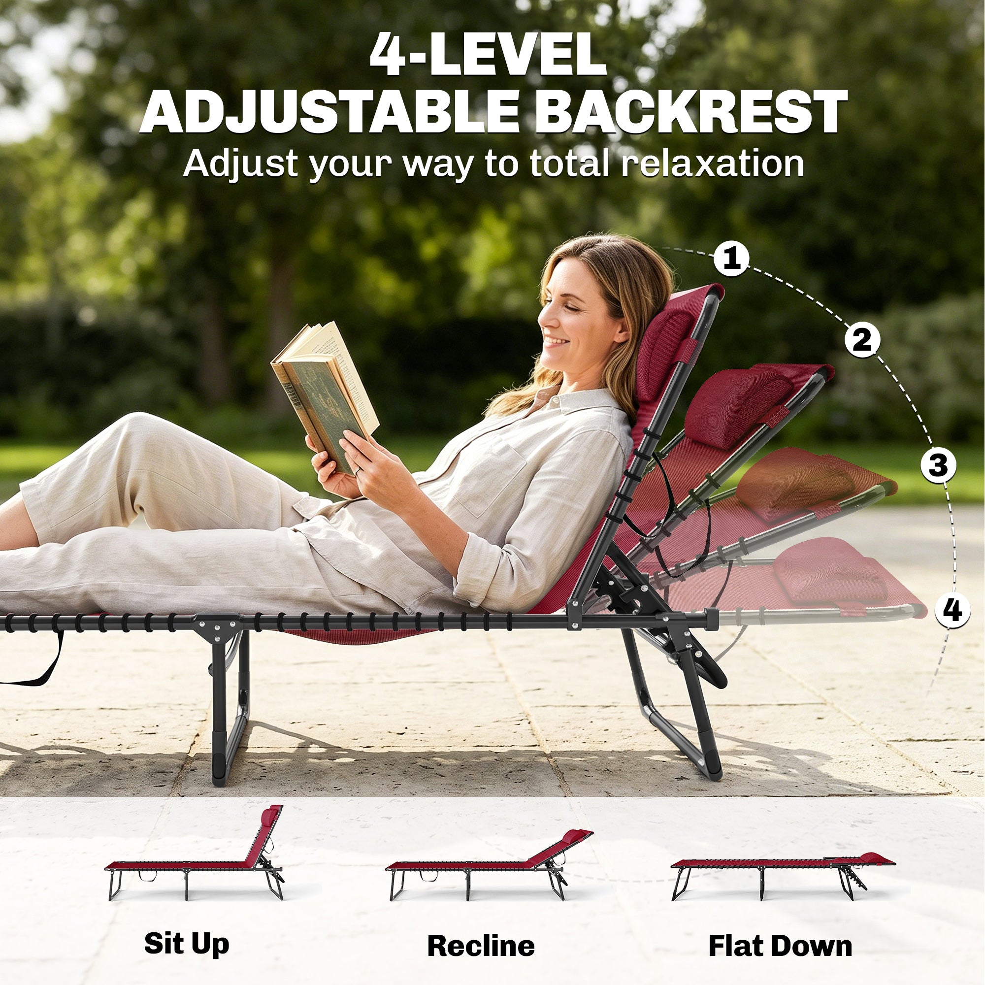 Folding Chaise Lounge Pool Chair with 4-Position Reclining Back, Pillow, Breathable Mesh & Bungee Seat, Wine Red