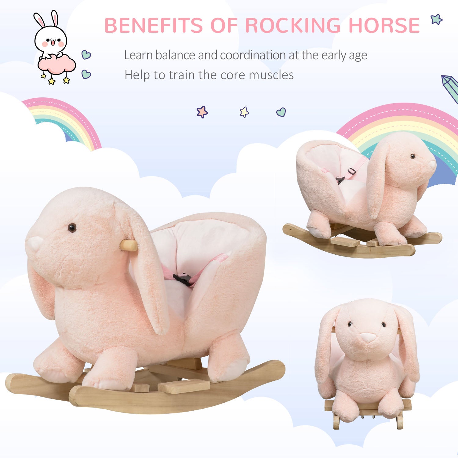 Rabbit Wooden Rocking Horse with Sound, Pink