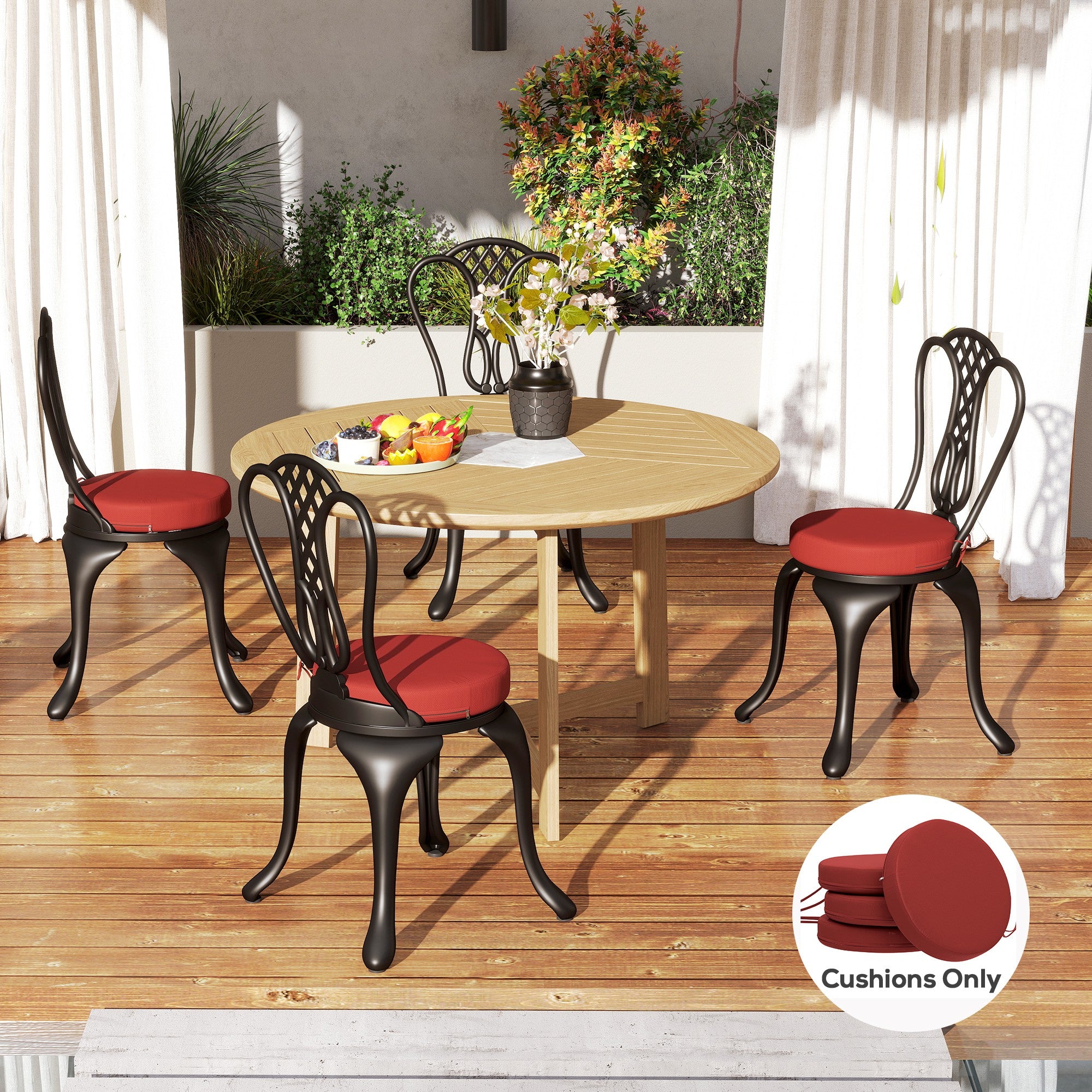 Patio Chair Cushions Set of 4 Round Seat Cushions for Dining Bistro Chairs Machine Washable, 15" x 15" x 3", Wine Red