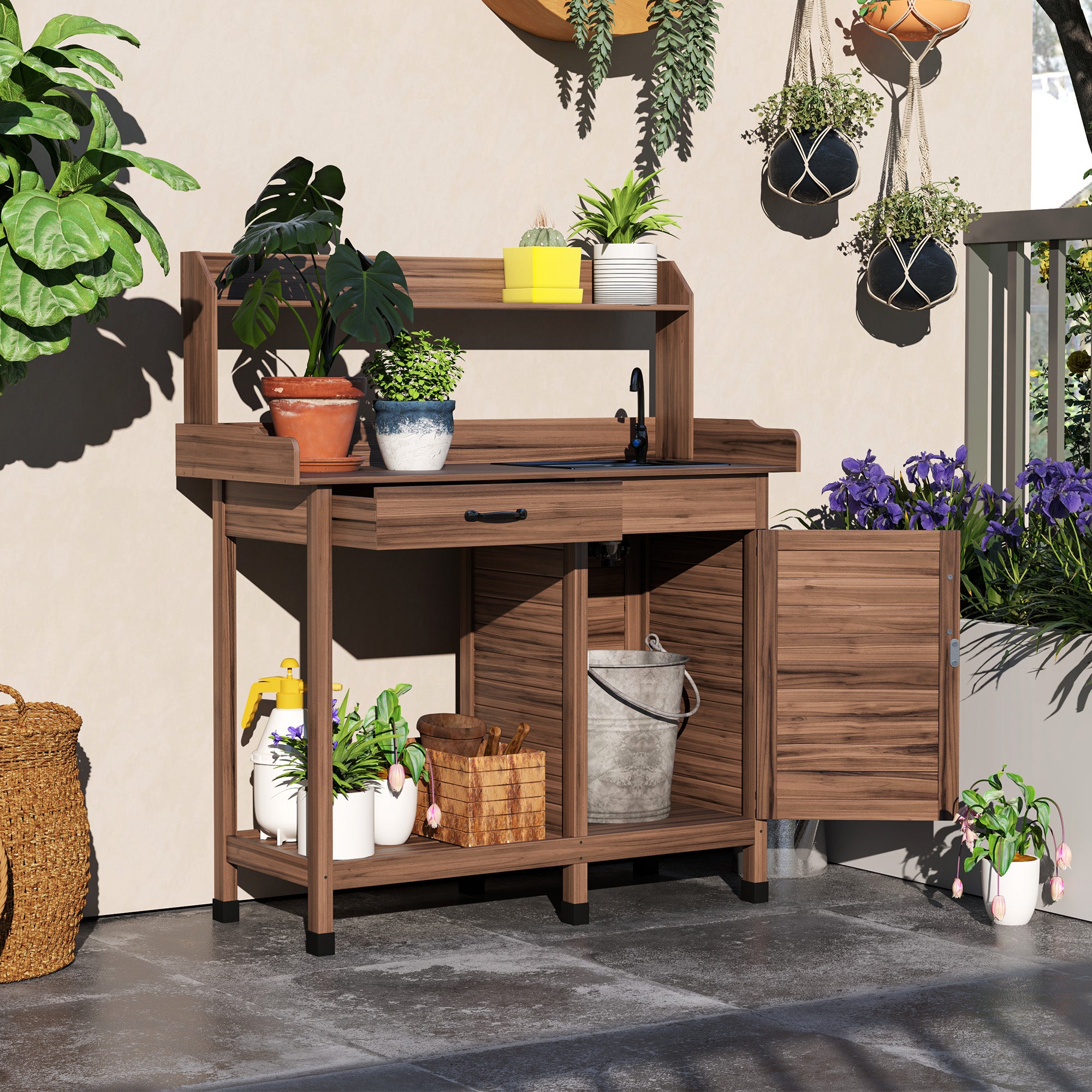 Potting Bench Table with Removable Sink, Outdoor Work Bench Table with Storage Cabinet, Hooks, Faucet and Drawer for Greenhouse, Garden, Patio, Dark Brown