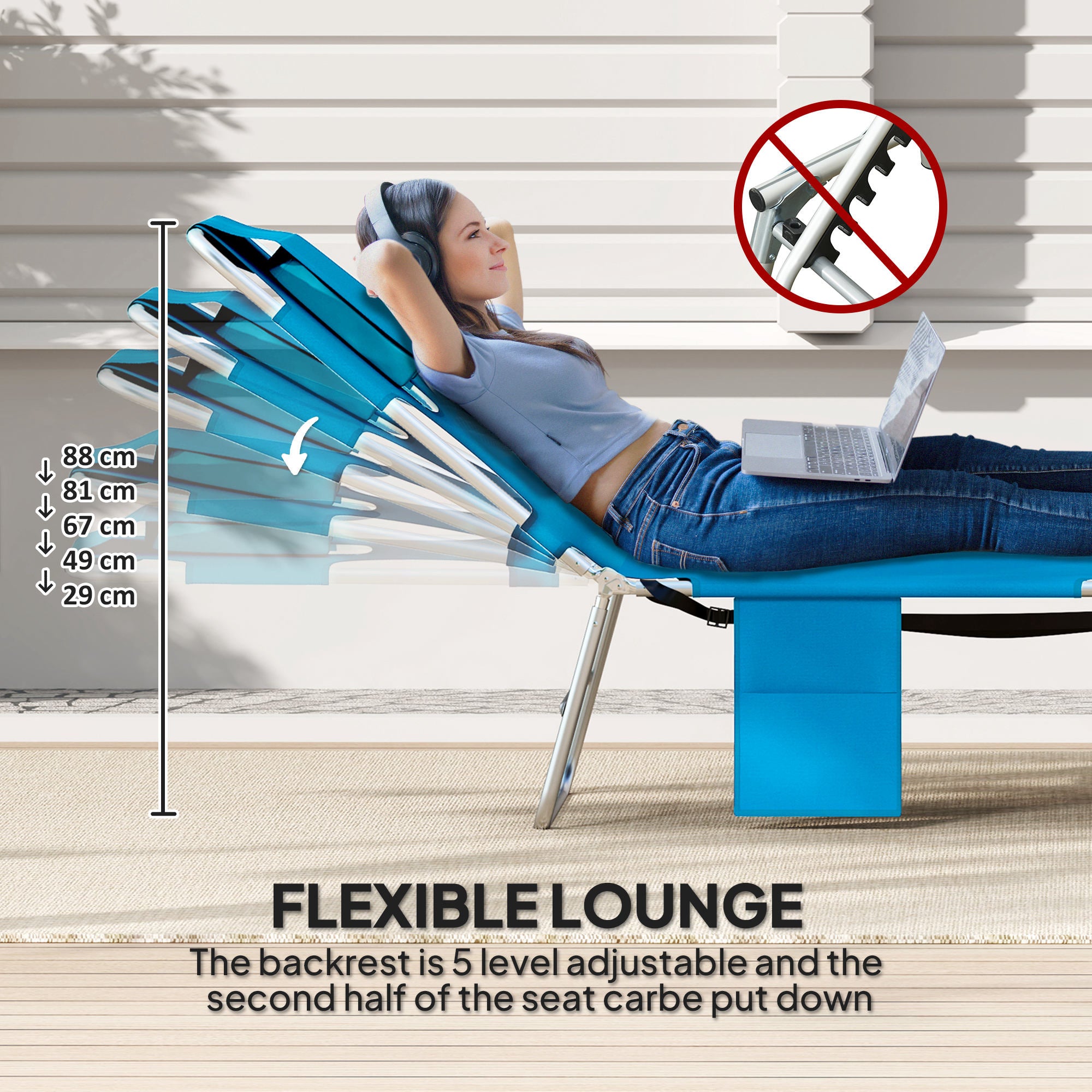 Tanning Chair with Face Hole, 5-Level Adjustable Outdoor Chaise Lounge Chair with Pillow for Beach, Pool, Light Blue