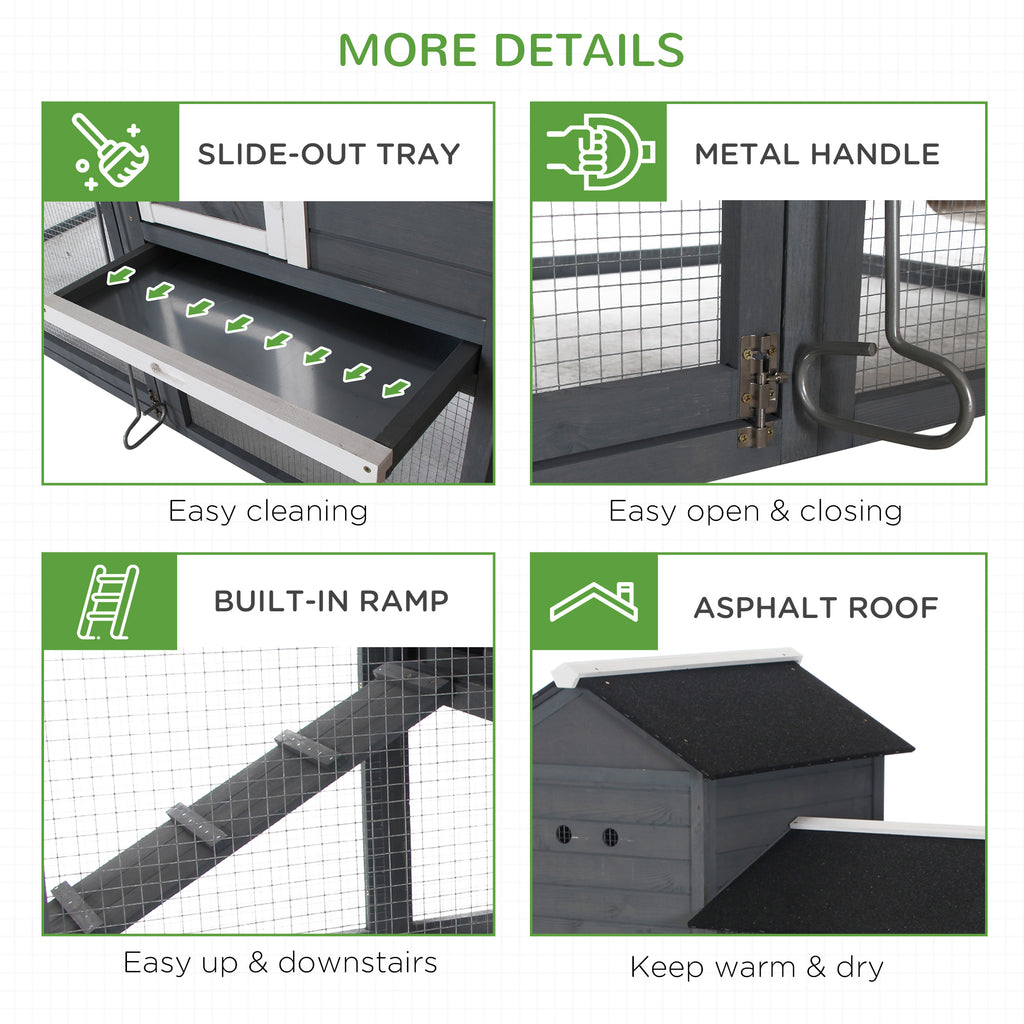 84" Wooden Chicken Coop, Hen House Outdoor with Run Nesting Box, Asphalt Roof, Removable Tray, Ramp, Poultry Cage for 2-3 Chickens, Gray