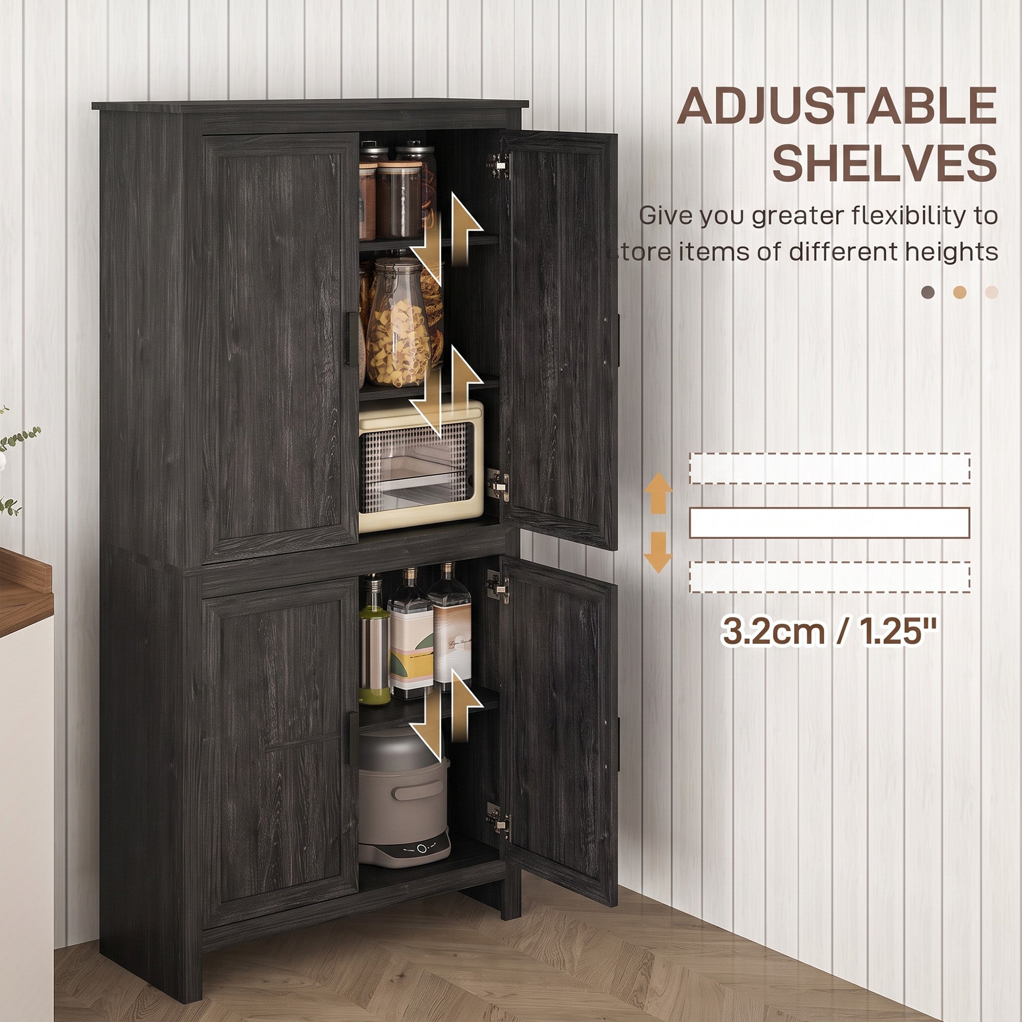64" 4-Door Kitchen Pantry, Freestanding Storage Cabinet with 3 Adjustable Shelves for Kitchen, Gray Oak
