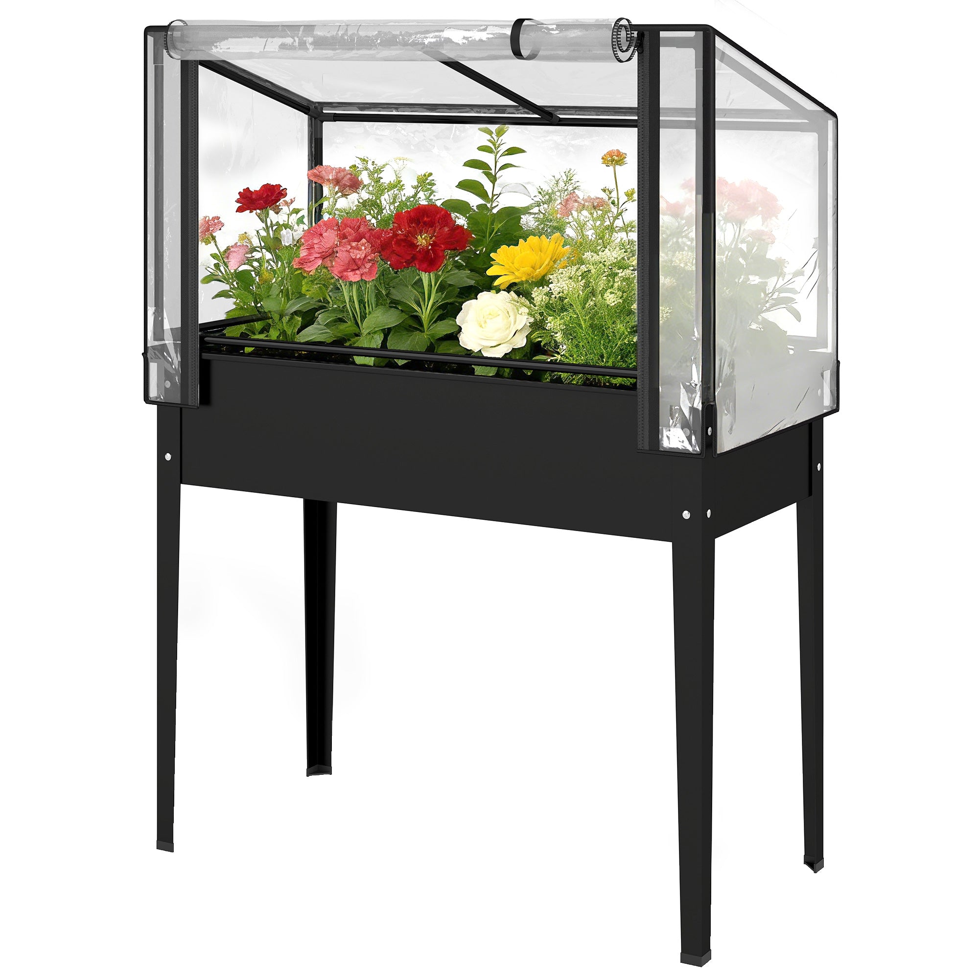 Raised Garden Bed with Flip-Up Greenhouse Cover, Metal Elevated Garden Bed with Legs and Drainage Hole, Black