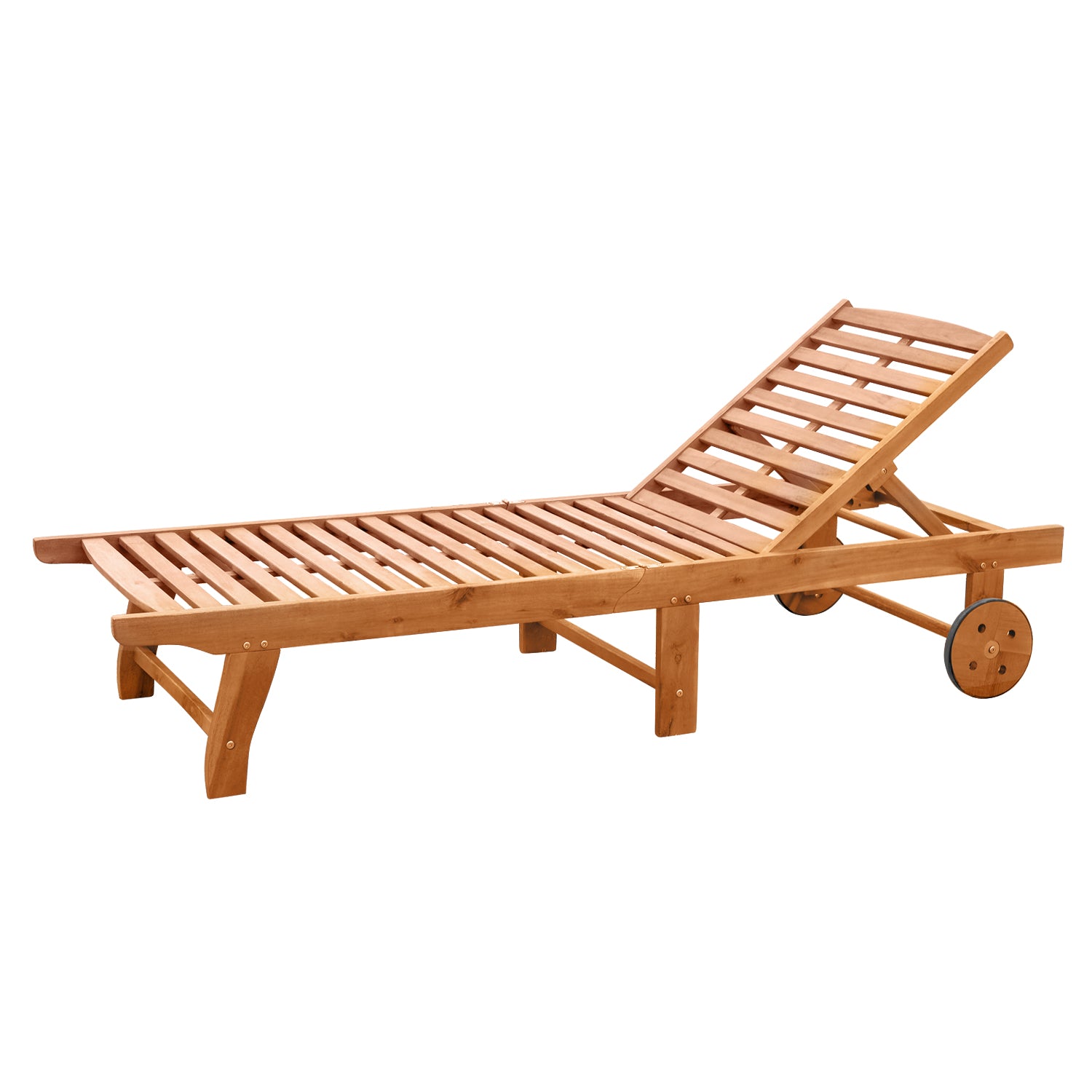 Outdoor Folding Chaise Lounge Chair Recliner with Wheels, Acacia Wood Frame - Teak Color