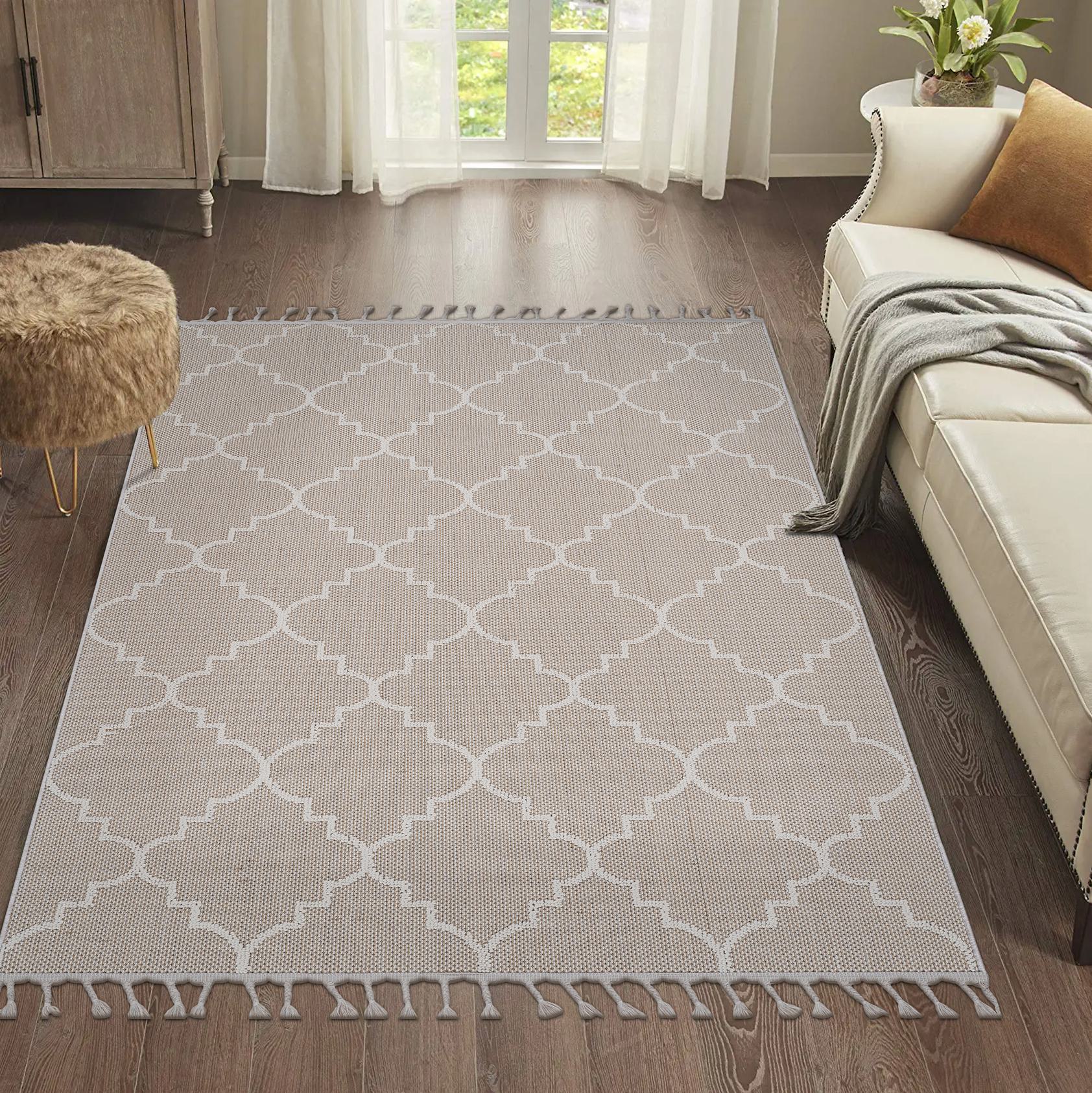 Naar 4x6 Indoor Outdoor Stain-Resistant Area Rug with Medium Pile Height, Kid and Pet-Friendly Carpet, 74" L x 48" W x 0.3" H, Ivory