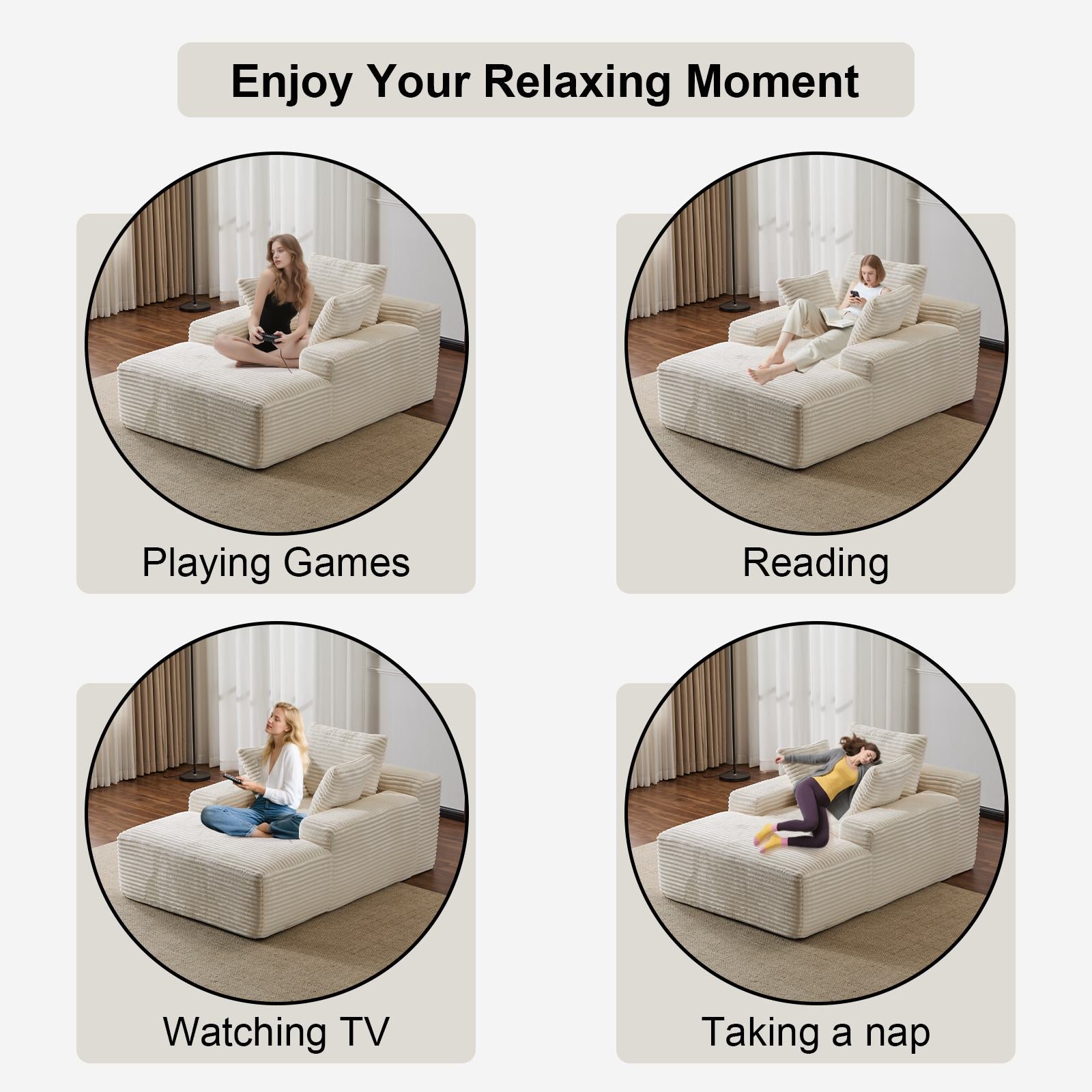 Compressed Sofa Oversized Chaise Lounge Chair with 3 Throw Pillows and Wide Armrest, Modular Sofas for Small Spaces Sleeper Sofa Daybed with Corduroy Fabric, 66'' L x 47'' W x 24'' H, White