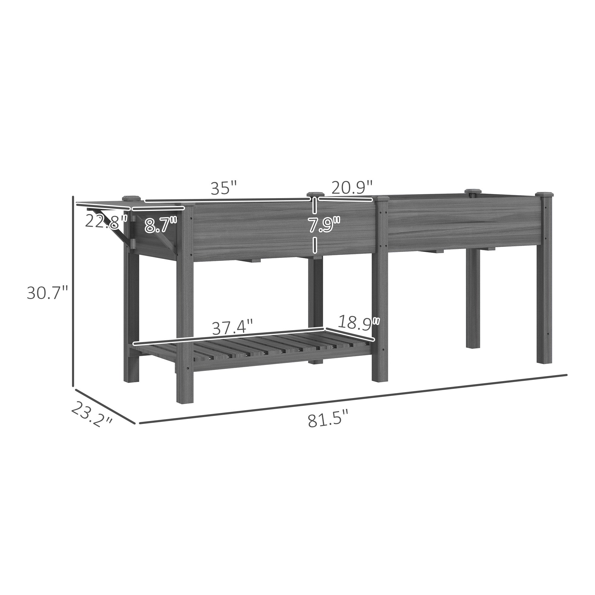 Wood Raised Garden Box, Elevated Garden Bed with Side Table, Bottom Shelf, Bed Liners and Drainage Holes, Gray