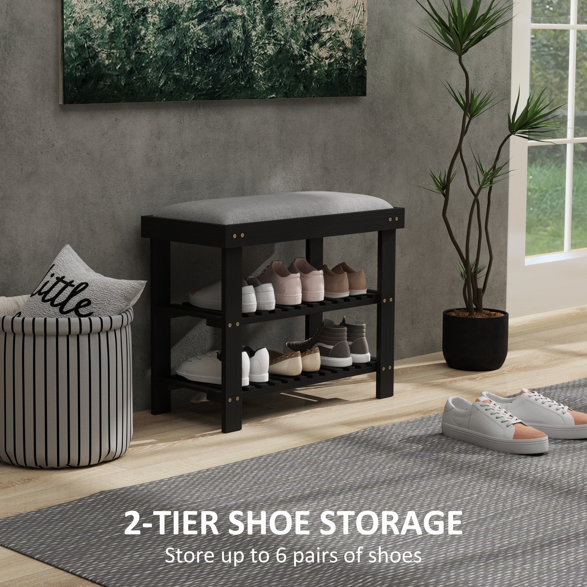Bamboo Shoe Storage Bench, 3-Tier Entryway Bench with Cushion, Shoe Organizer for Entryway, Hallway, Black