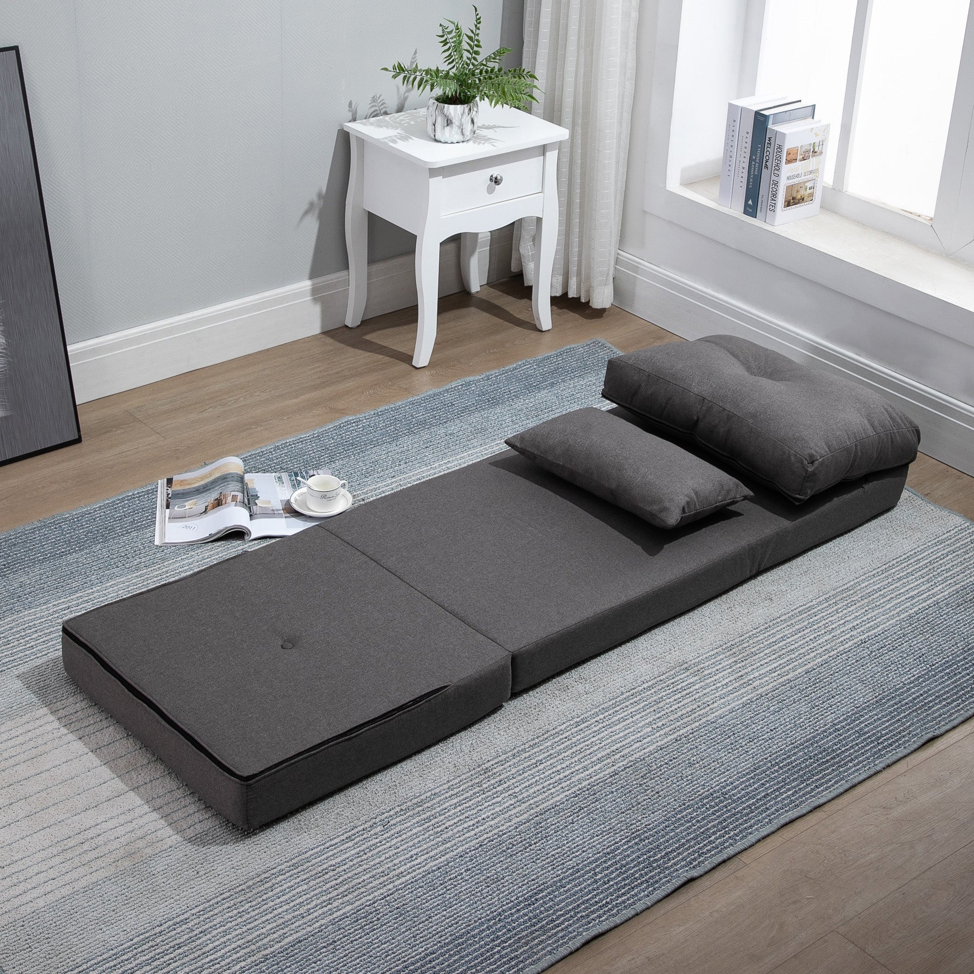 Convertible Flip Chair, Floor Lazy Sofa, Folding Upholstered Couch Bed with Adjustable Backrest, Metal Frame and Pillows for Living Room Bedroom, Dark Gray