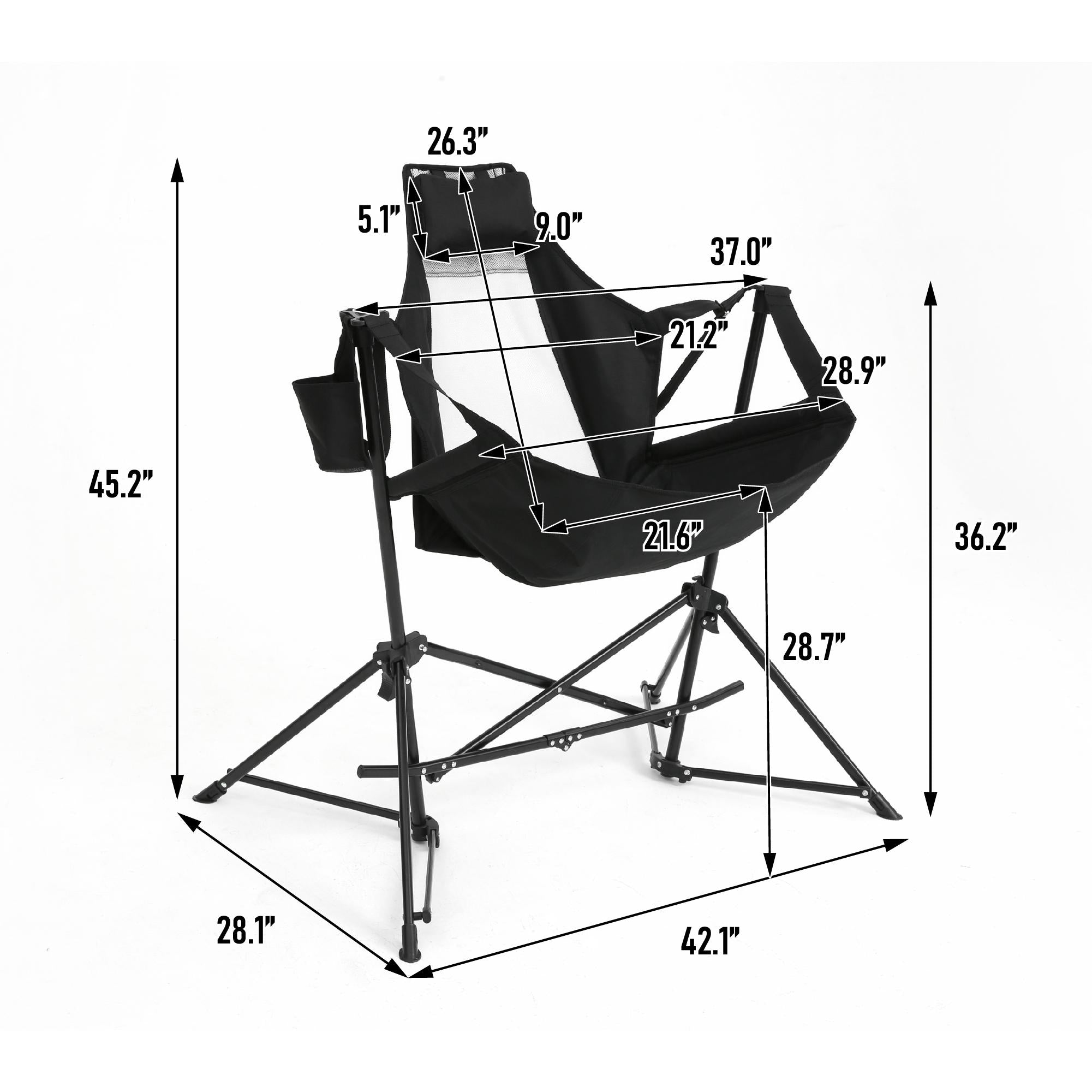 2-Piece Set Hammock Camping Chair with Adjustable Back and Pillow, Carry Bag, Aluminum Alloy Recliner with Cup Holder for Outdoor Travel, 35" L x 38" W x 42" H, Black