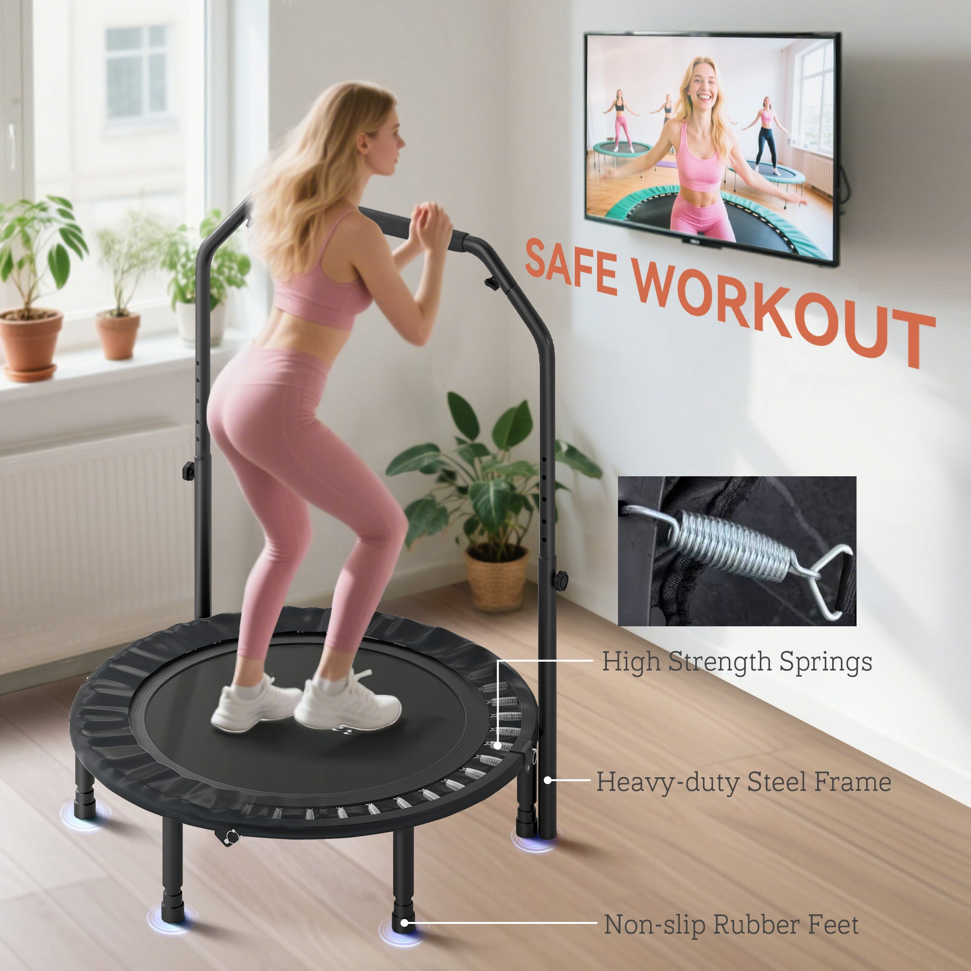 40" Foldable Mini Trampoline, Rebounder Trampoline for Adults with Adjustable Foam Handle, Black