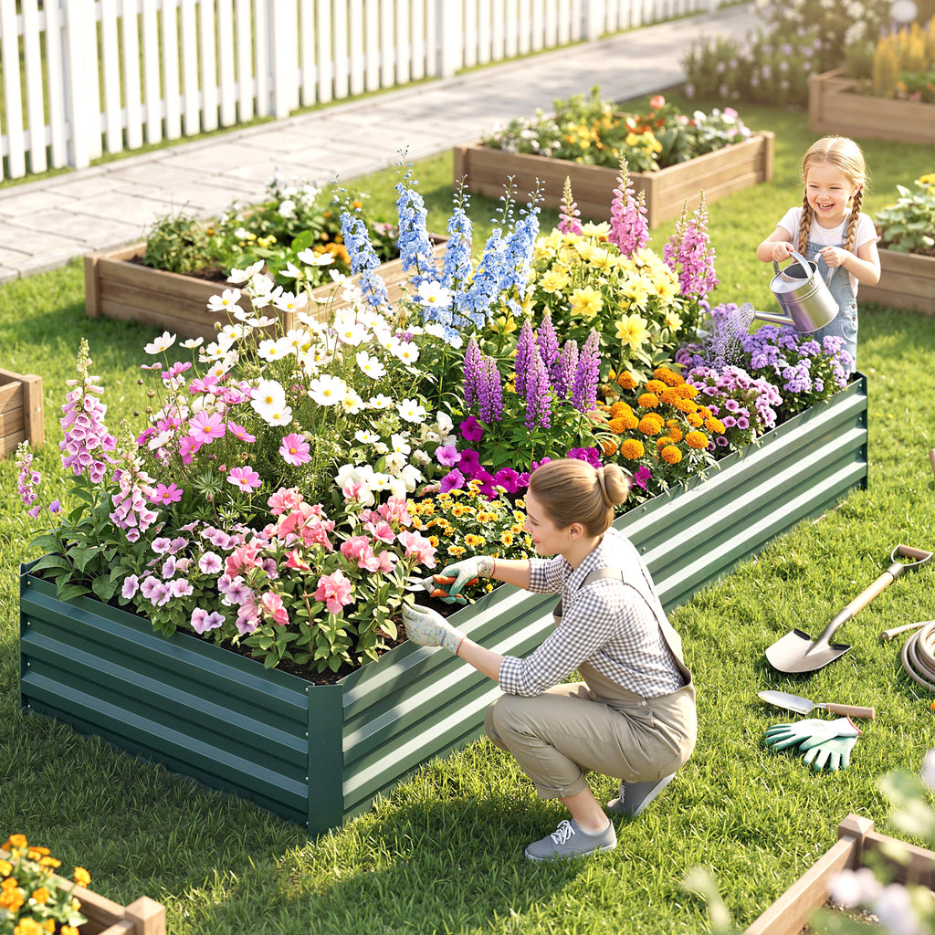 95" x 36" x 12" Galvanized Raised Garden Bed, Easy DIY and Cleaning for Growing Flowers, Herbs, Succulents, Green