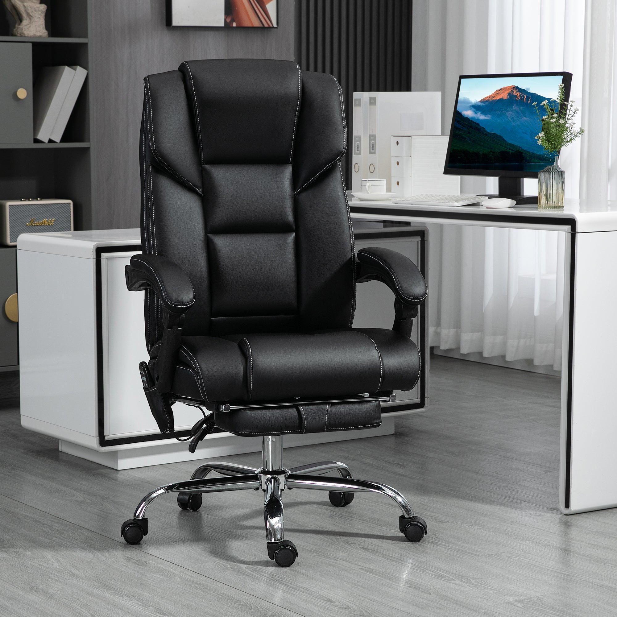 6 Point Vibration Massage Office Chair with Heat, PU Leather Computer Chair with Adjustable Height Reclining Back, Black