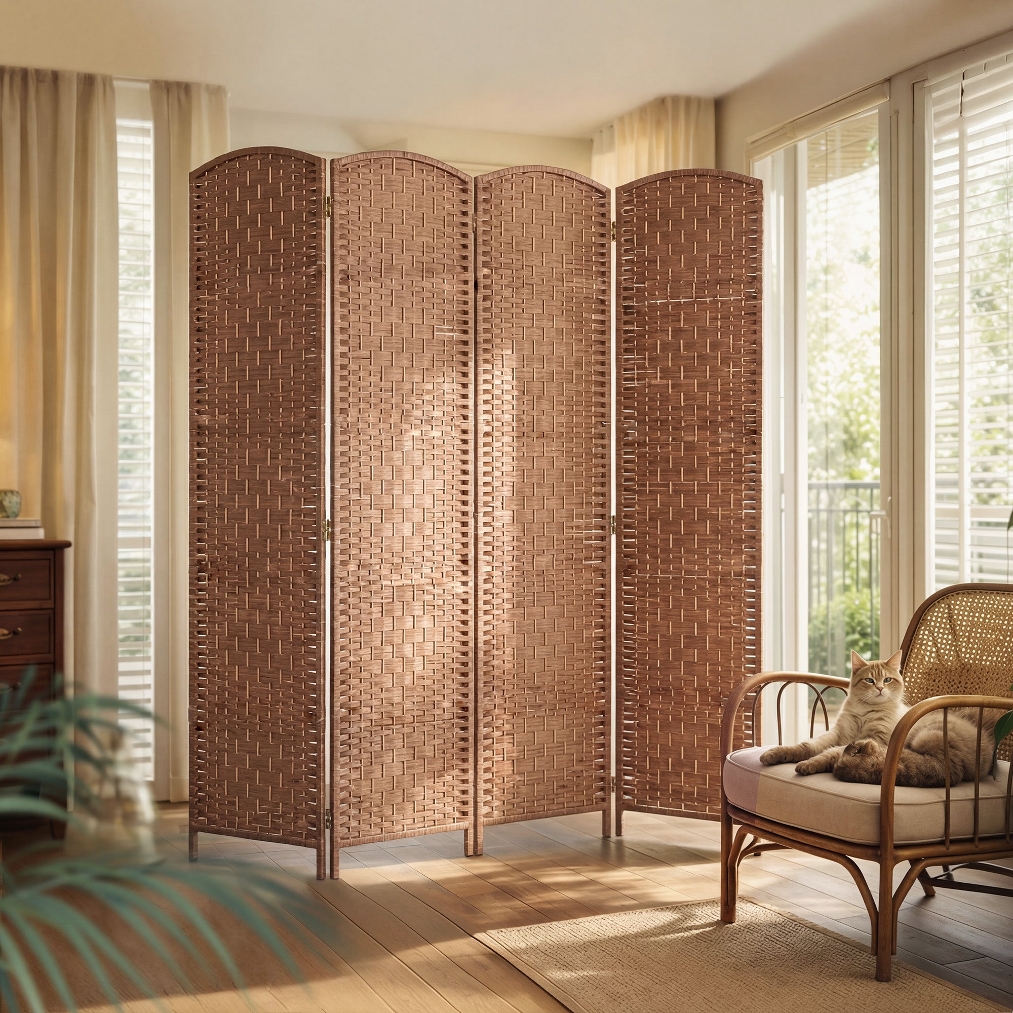 Room Divider 4 Panel, 6FT Tall Folding Privacy Screen, Freestanding Hand-Woven Partition for Room Separation with 360° Hinges, Paper Rope Diamond Weave, Natural