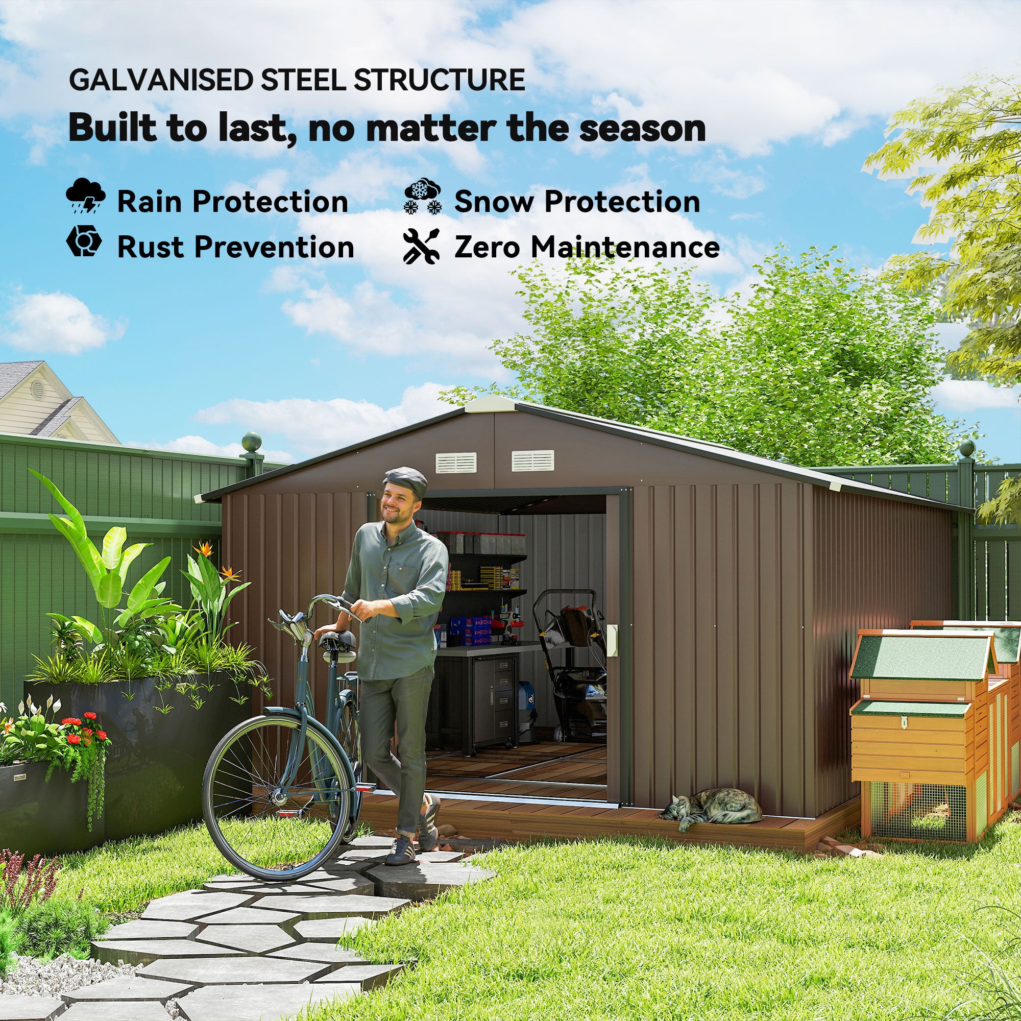Metal Large Shed with Double Locking Doors Sloped Roof for Garden Tool, Bike Storage, Brown