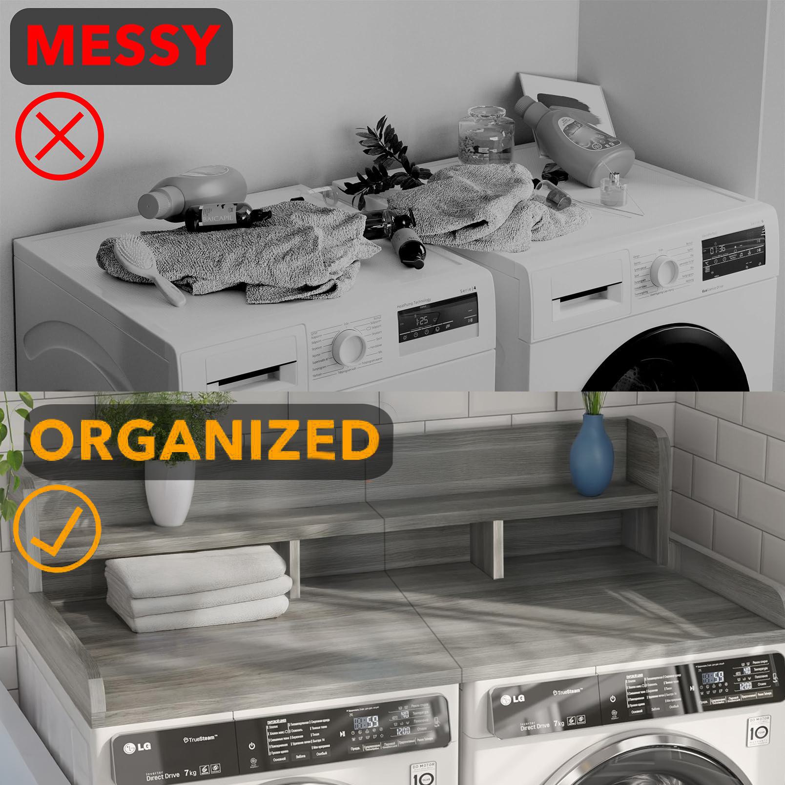 Practical Washer Dryer Countertop with Non-slip Pads, Wood Shelf Topper with Edge, Double Layer Organizer, 54" L x 27.5" W x 12" H, Gray+White