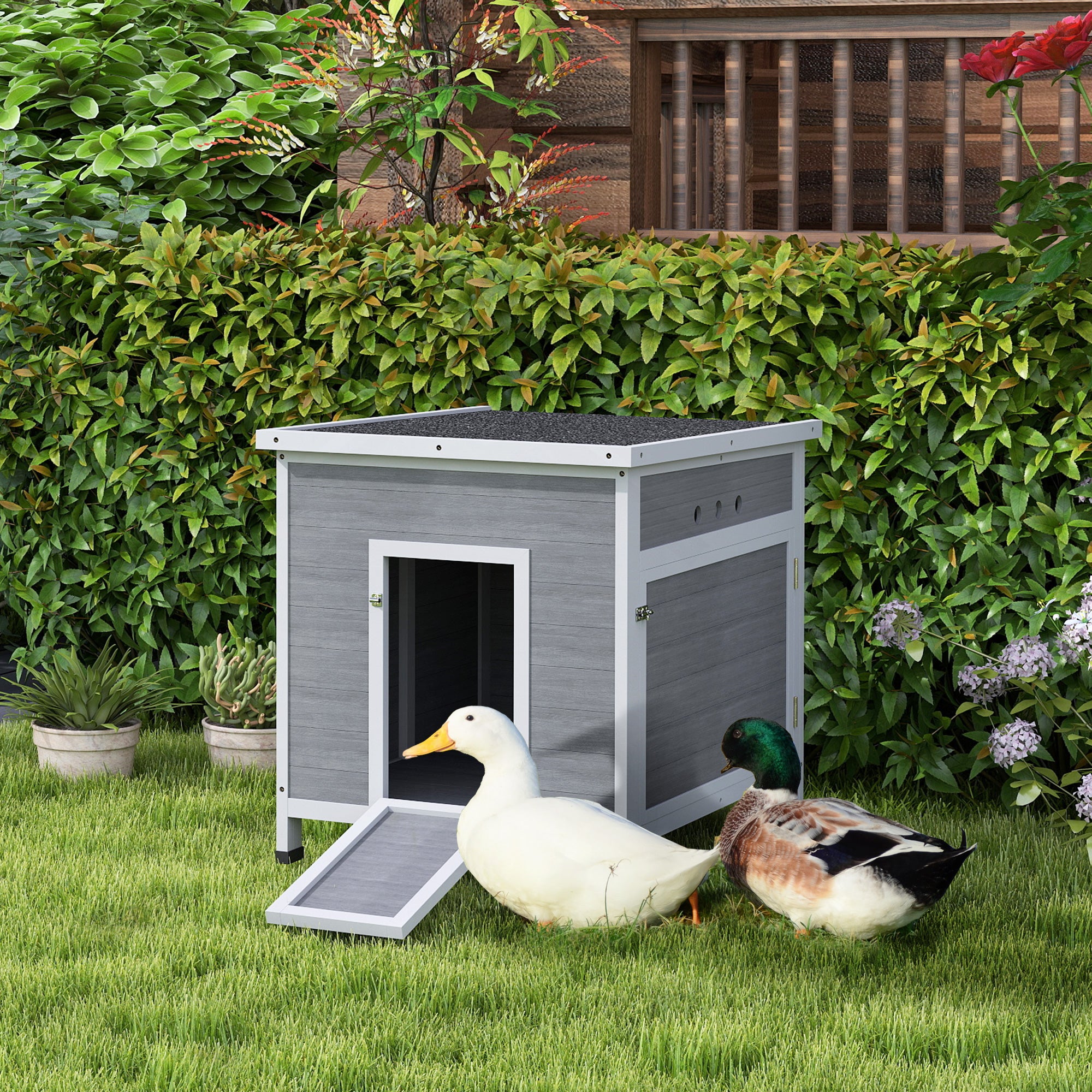 Wooden Duck Coop with Openable Roof, Removable Floor, Double Doors, Ramp, for 2-4 Ducks, Chickens, 25" x 32" x 30"