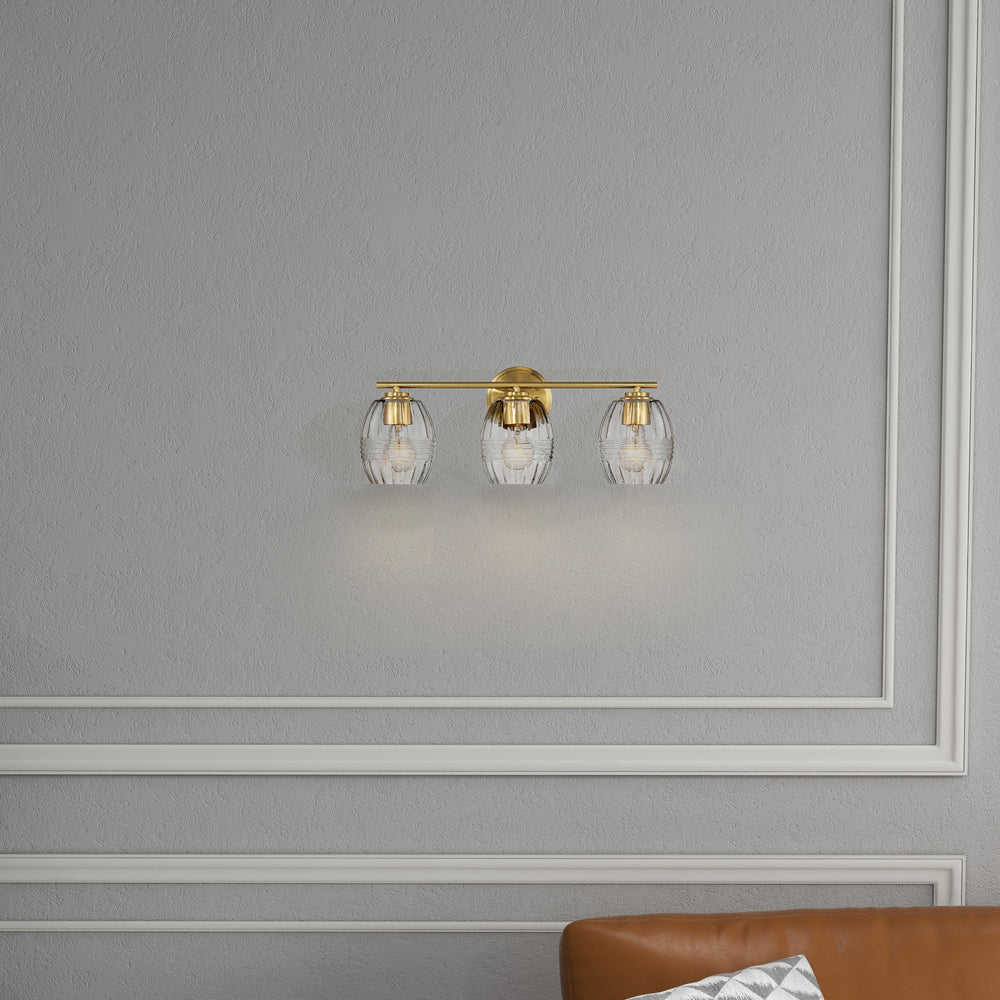 Luxurious Three-Light Vanity Wall Lamp with Clear Glass, Satin Brass Finish, Perfect for Bathroom Decor, 7.5" L x 22" W x 8.5" H, Clear+Gold