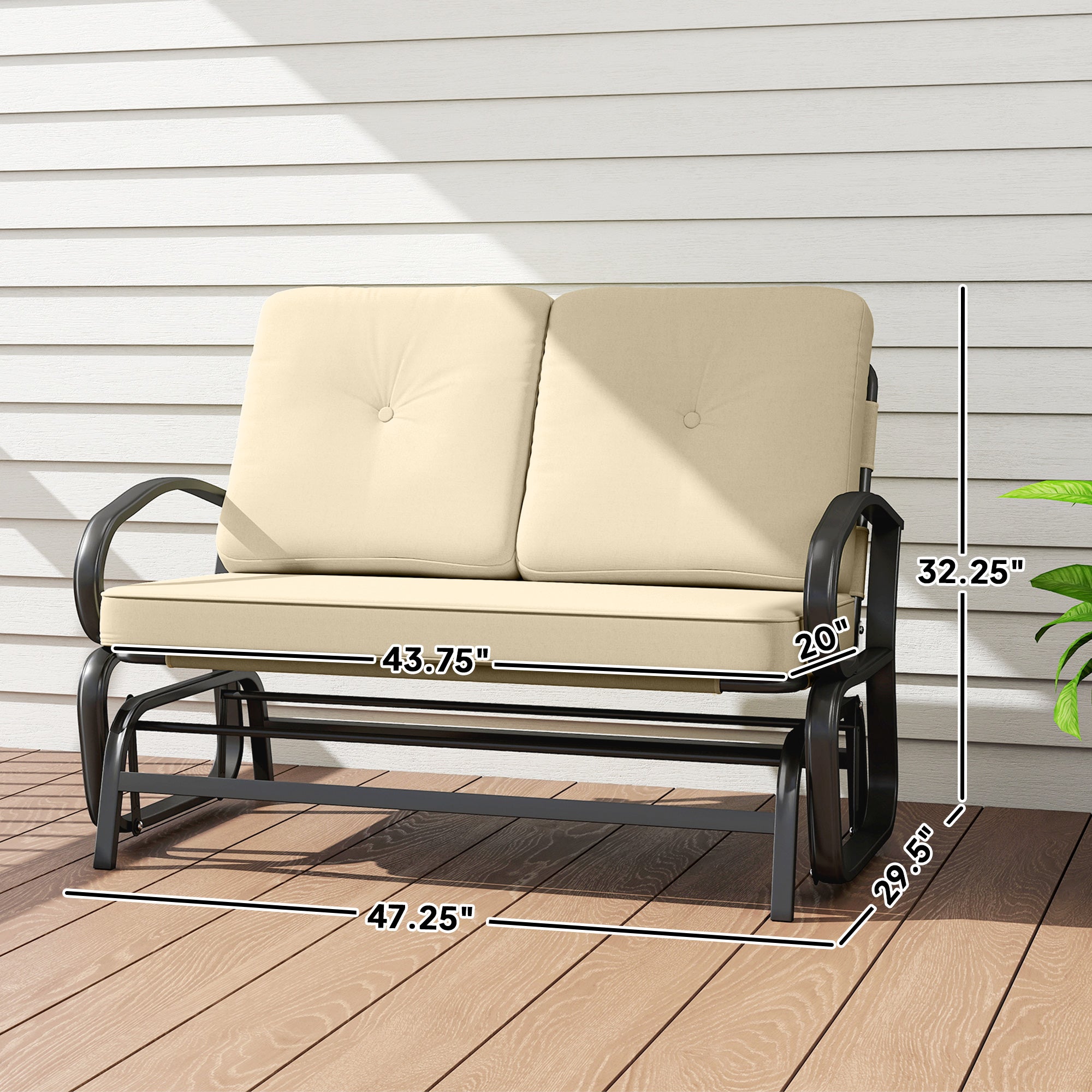 Outdoor Glider Bench, 2-Person Patio Rocker Loveseat with Tufted Cushions, Steel Frame for Porch, Garden Backyard, Beige