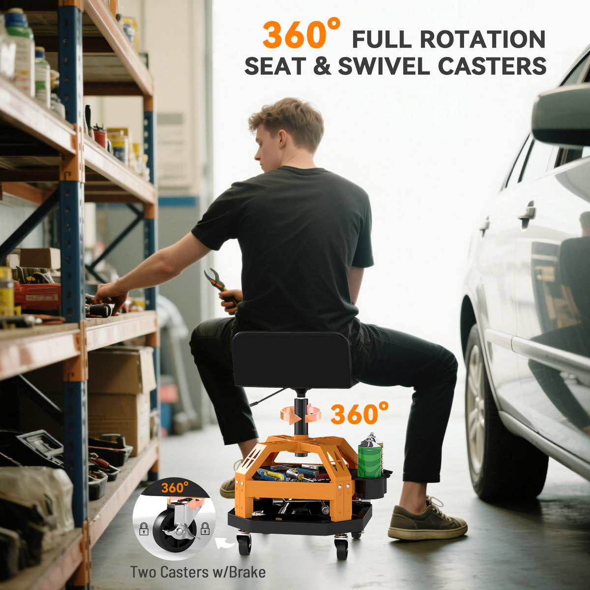 Rolling Creeper Garage Stool, 300 LBS Capacity Mechanic Stool with 360° Wheels, Tool Tray, Adjustable Height, Yellow
