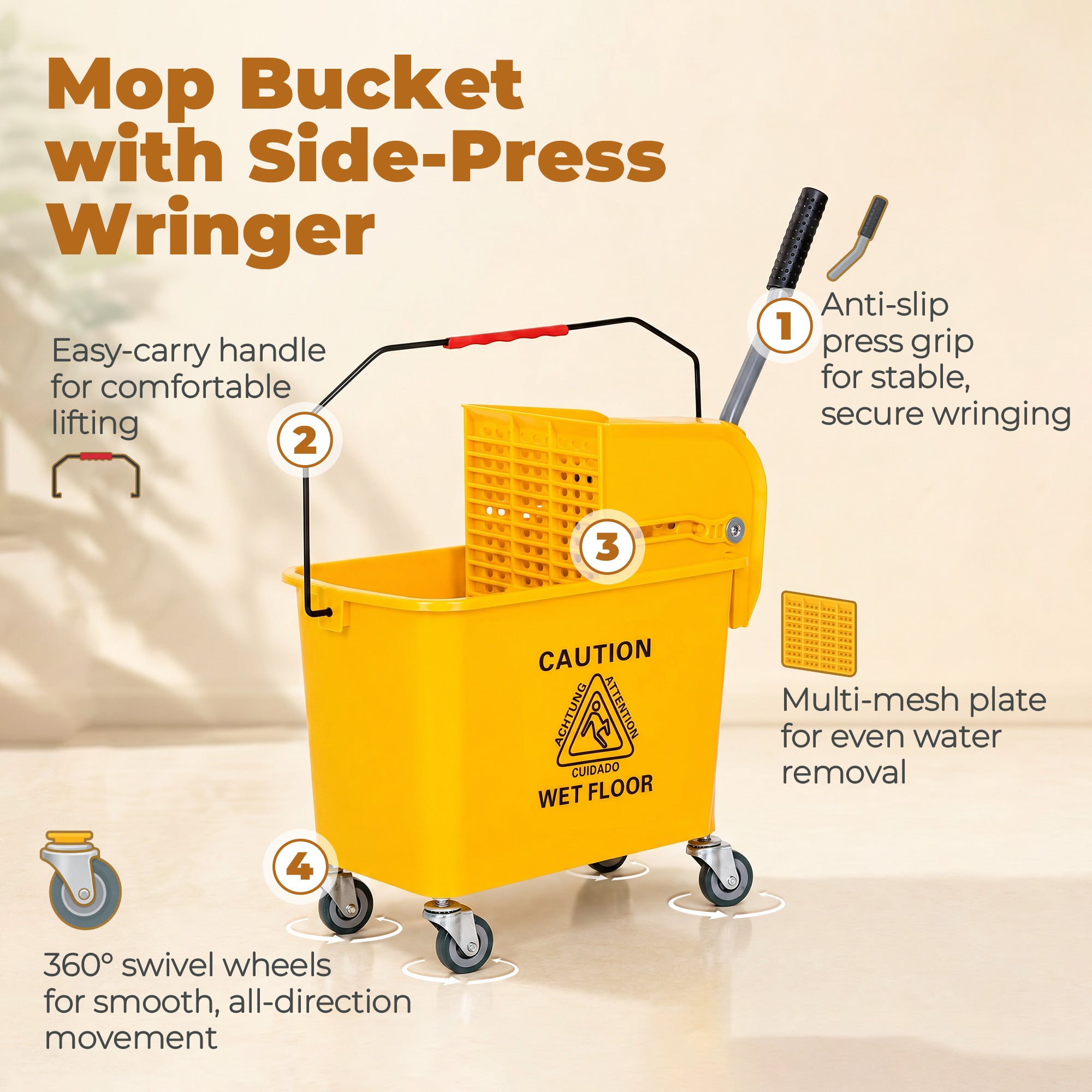 Compact Mop Bucket with Wringer, Mop Bucket on Wheels, 21 Quart, Separate Dirty and Clean Water, Yellow