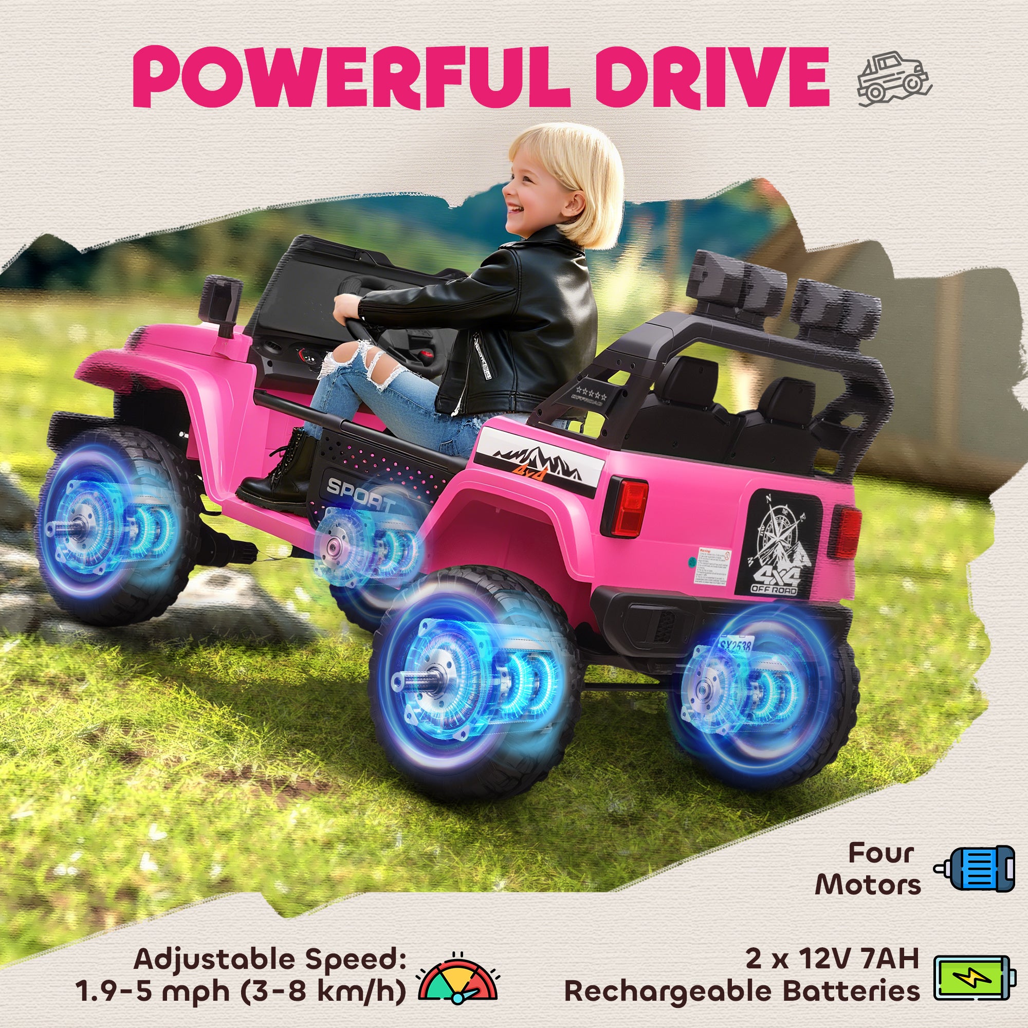 Ride on Truck Car with 2-Seater, 24V Electric Car with 4 Motors, Remote Control, Spring Suspension for 3-8 Years, Pink