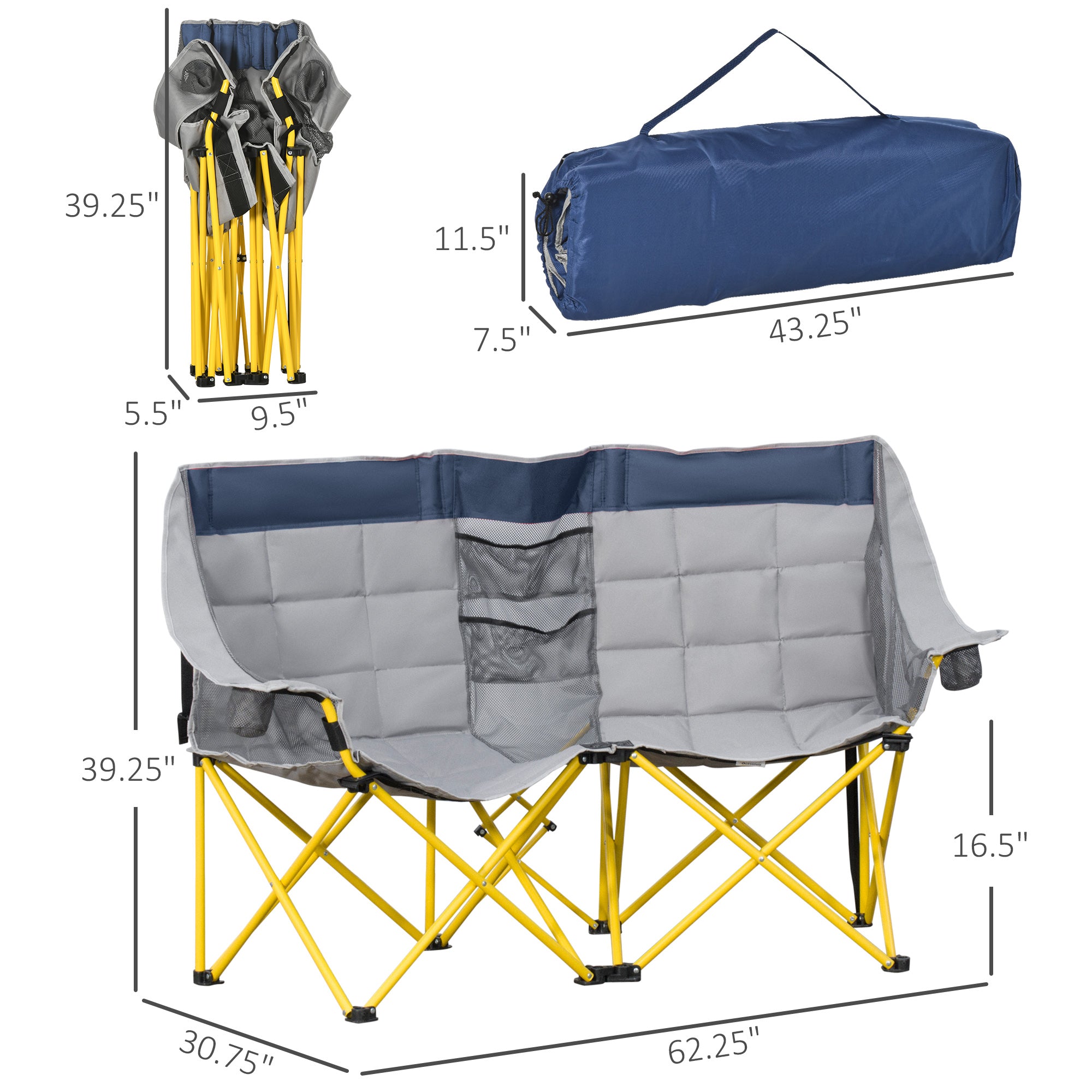 Loveseat Style Camping Chair, Oversized Folding Lawn Chair with Carry Bag & Cup Holders, for Outdoor, Navy Blue & Gray